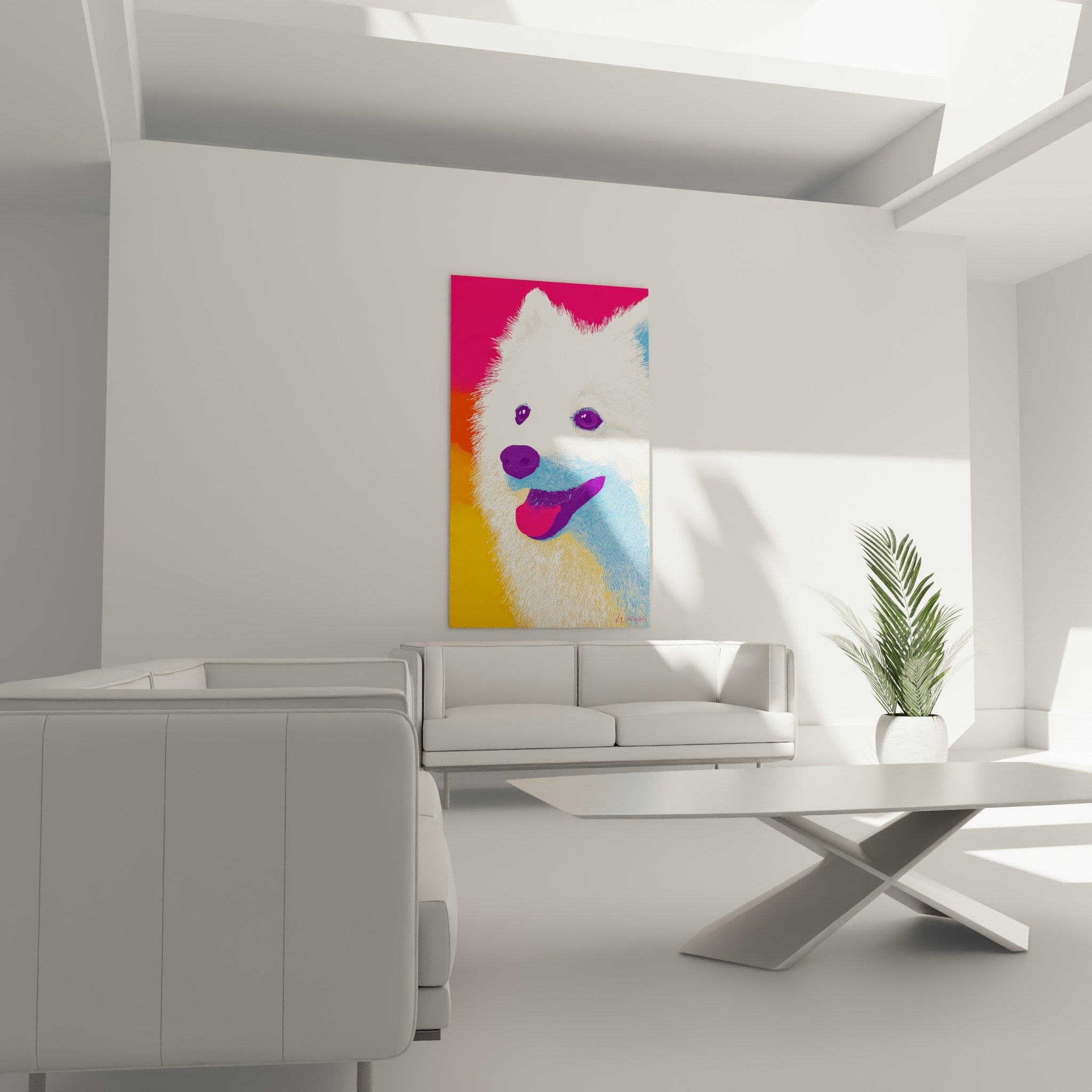 Détail tableau Spitz Japonais blanc langue rose yeux violets style pop art moderne