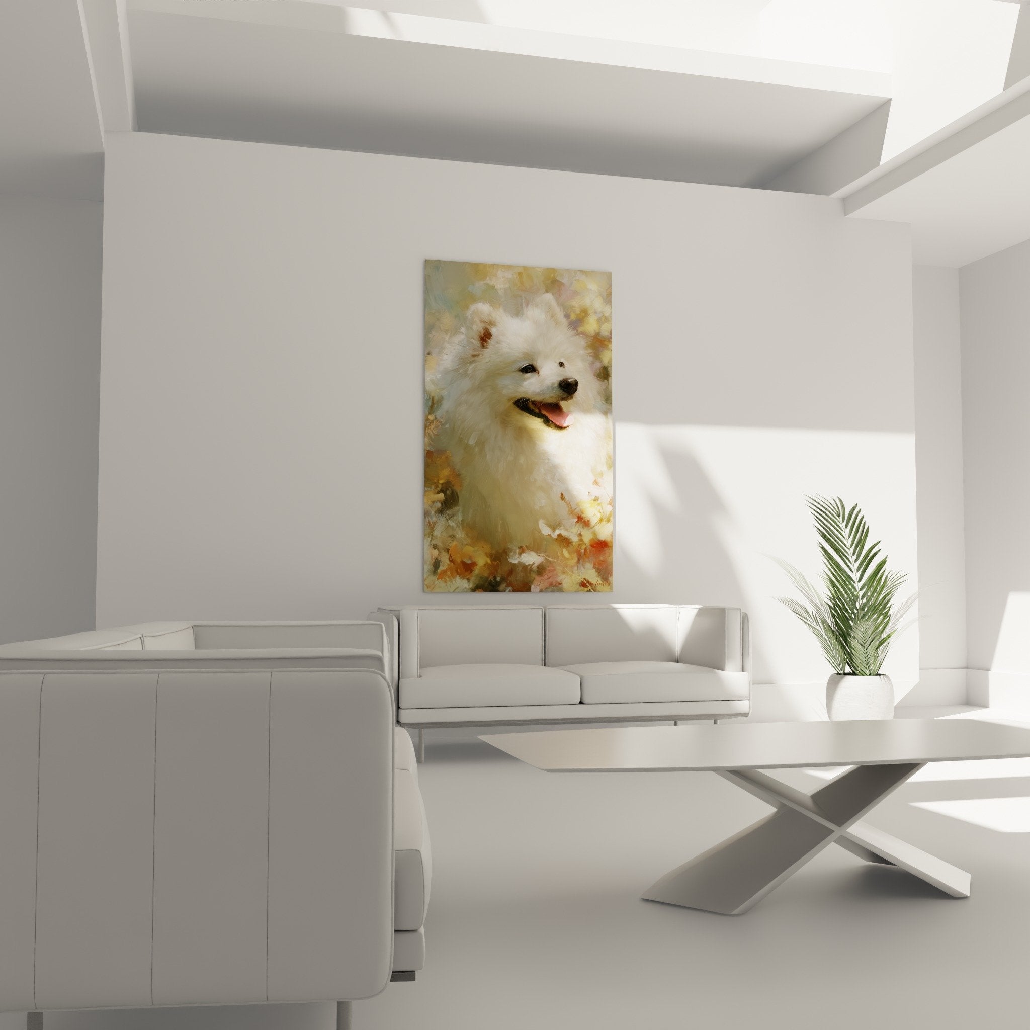 Detail portrait Spitz Japonais yeux noirs expressifs pelage blanc texture artistique nuances dorees gros plan