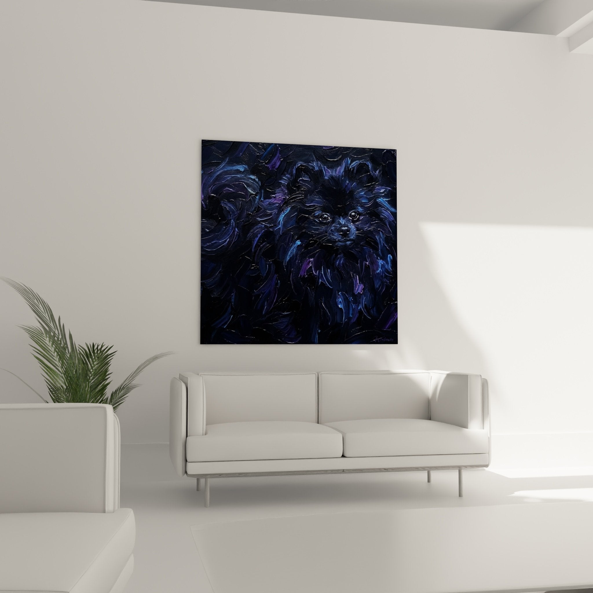 Détail peinture spitz pomeranien empâtements texture fourrure bleue coups pinceau expressifs technique artistique