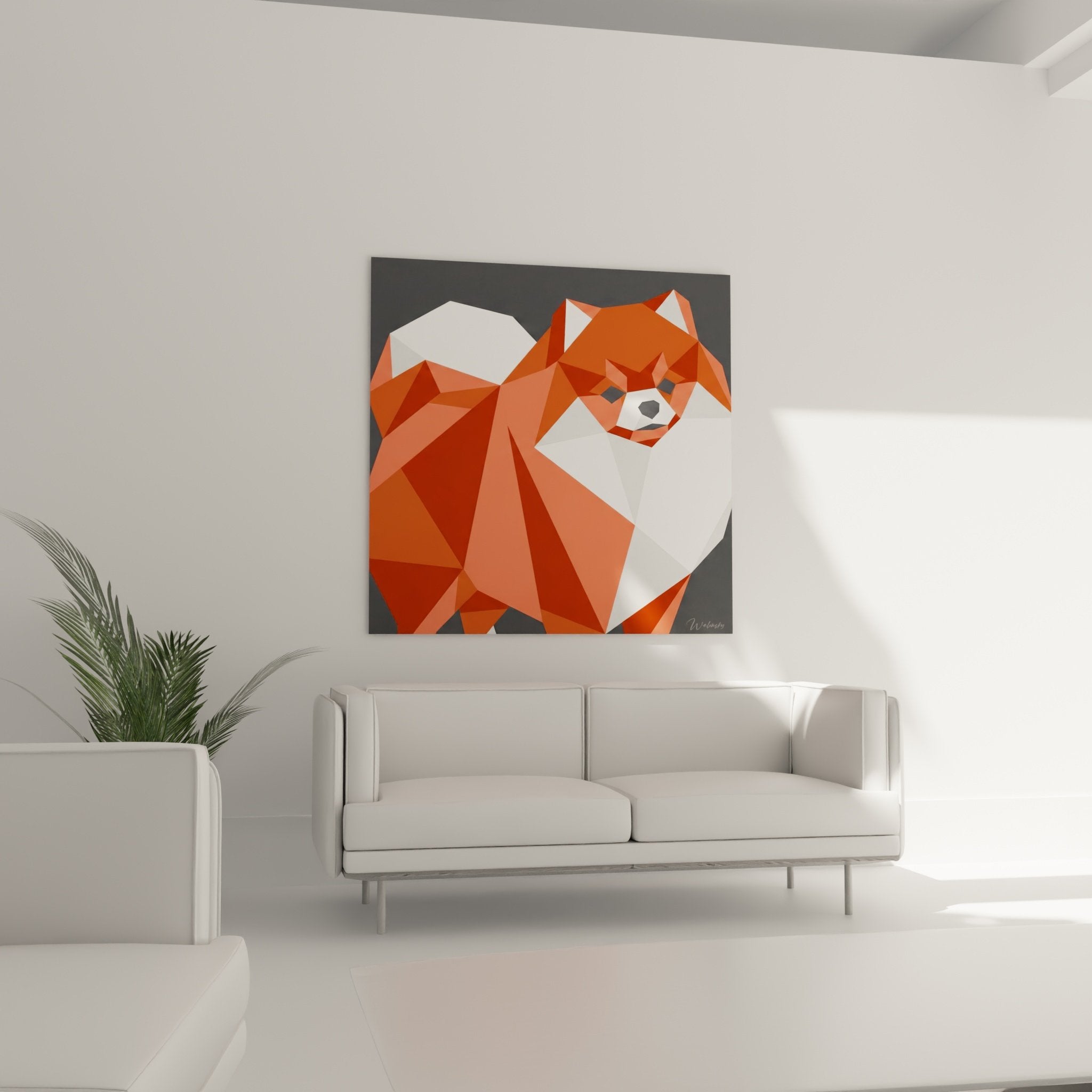 Detail visage Spitz Pomeranien facettes orange corail blanc technique polygonale moderne art geometrique