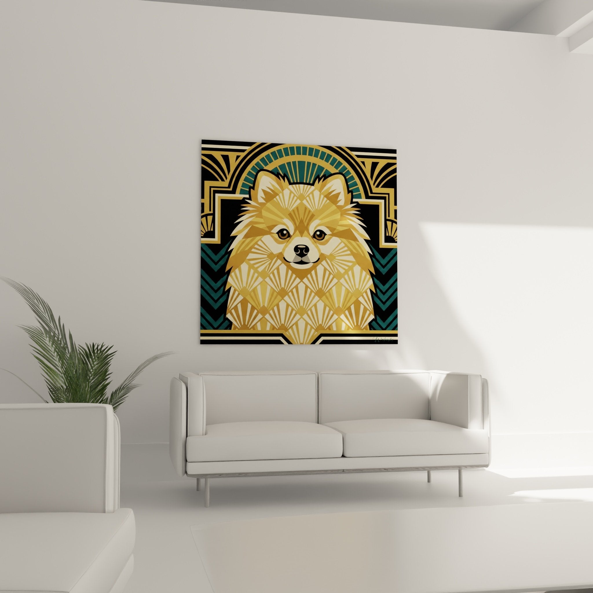 Detail portrait Spitz Pomeranien motifs eventail geometriques dores bleus