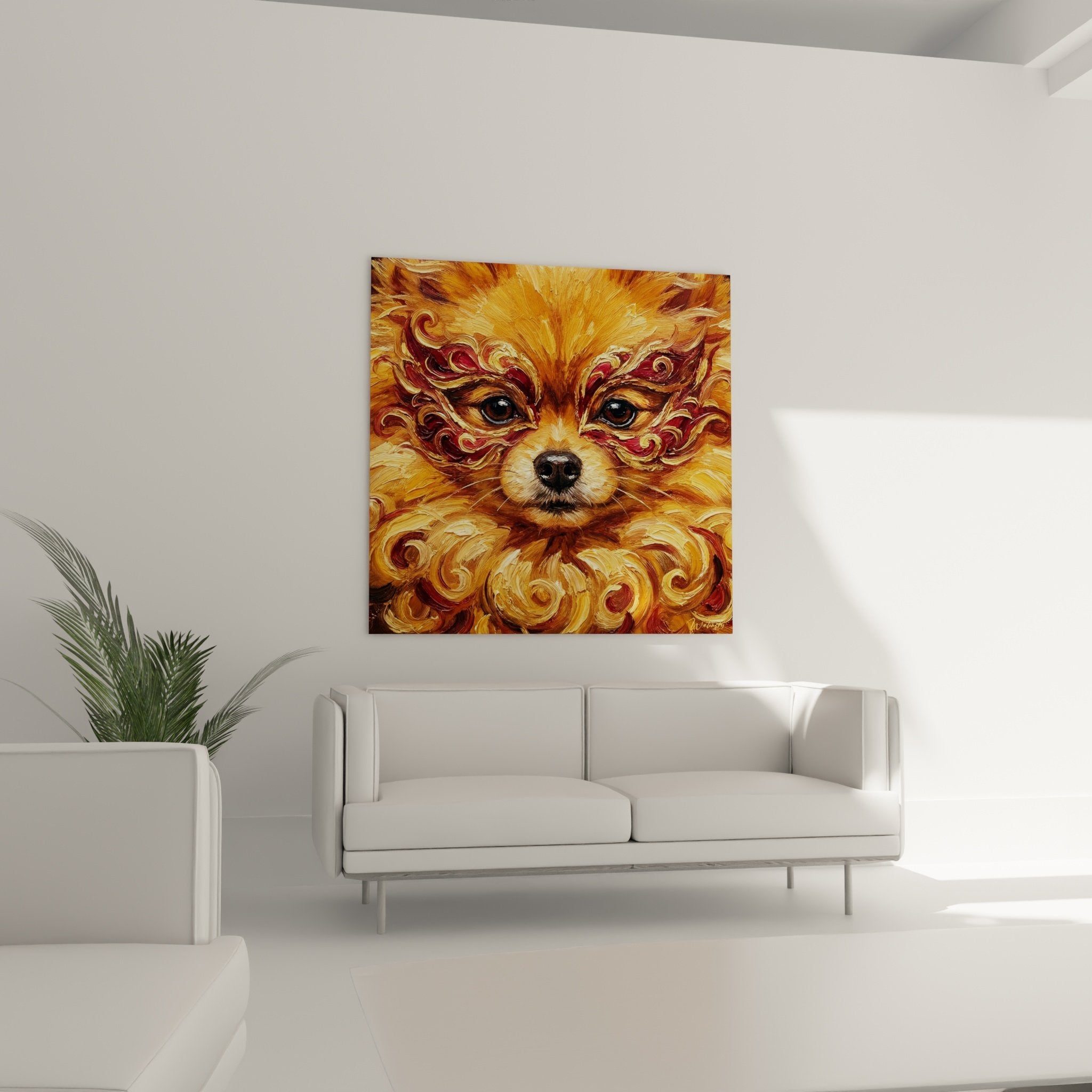 Detail tableau Spitz Pomeranien yeux noirs perçants pelage dore volutes ornementales cuivrees truffe noire