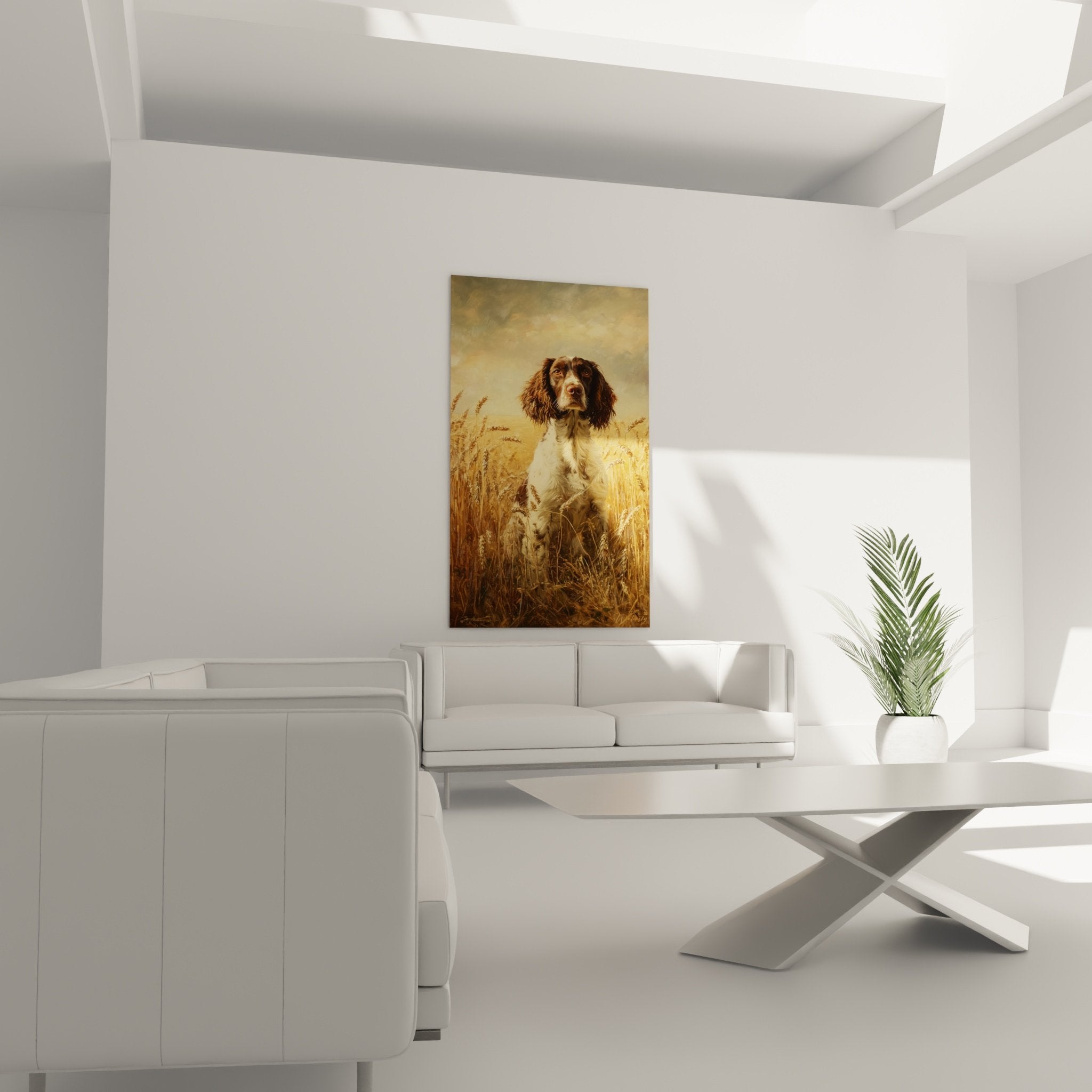 Détail tableau Springer Anglais pelage tricolore, regard noisette expressif, peinture réaliste épis de blé