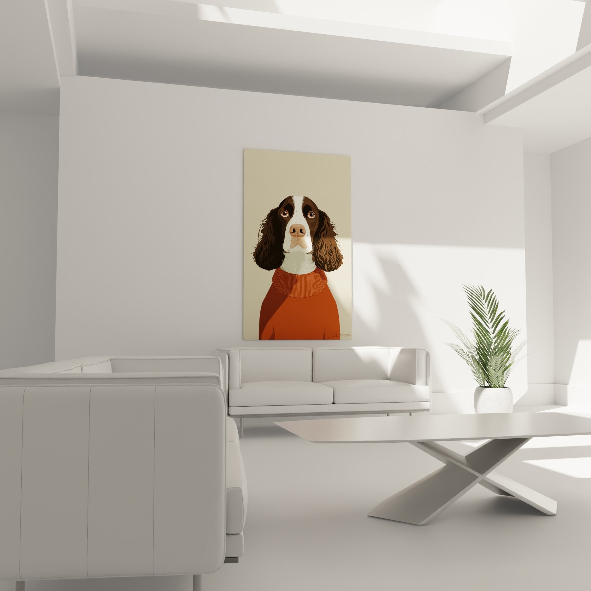 Detail portrait Springer Anglais yeux expressifs pelage brun blanc pull orange tricote col monte