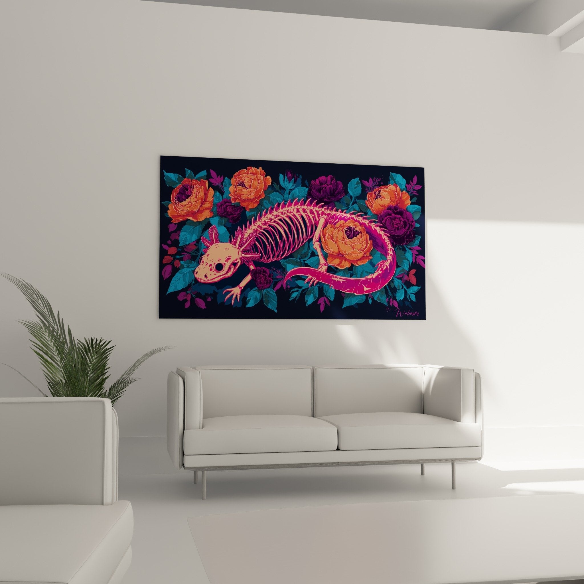 Détail squelette axolotl rose anatomique fleurs turquoise magenta art graphique