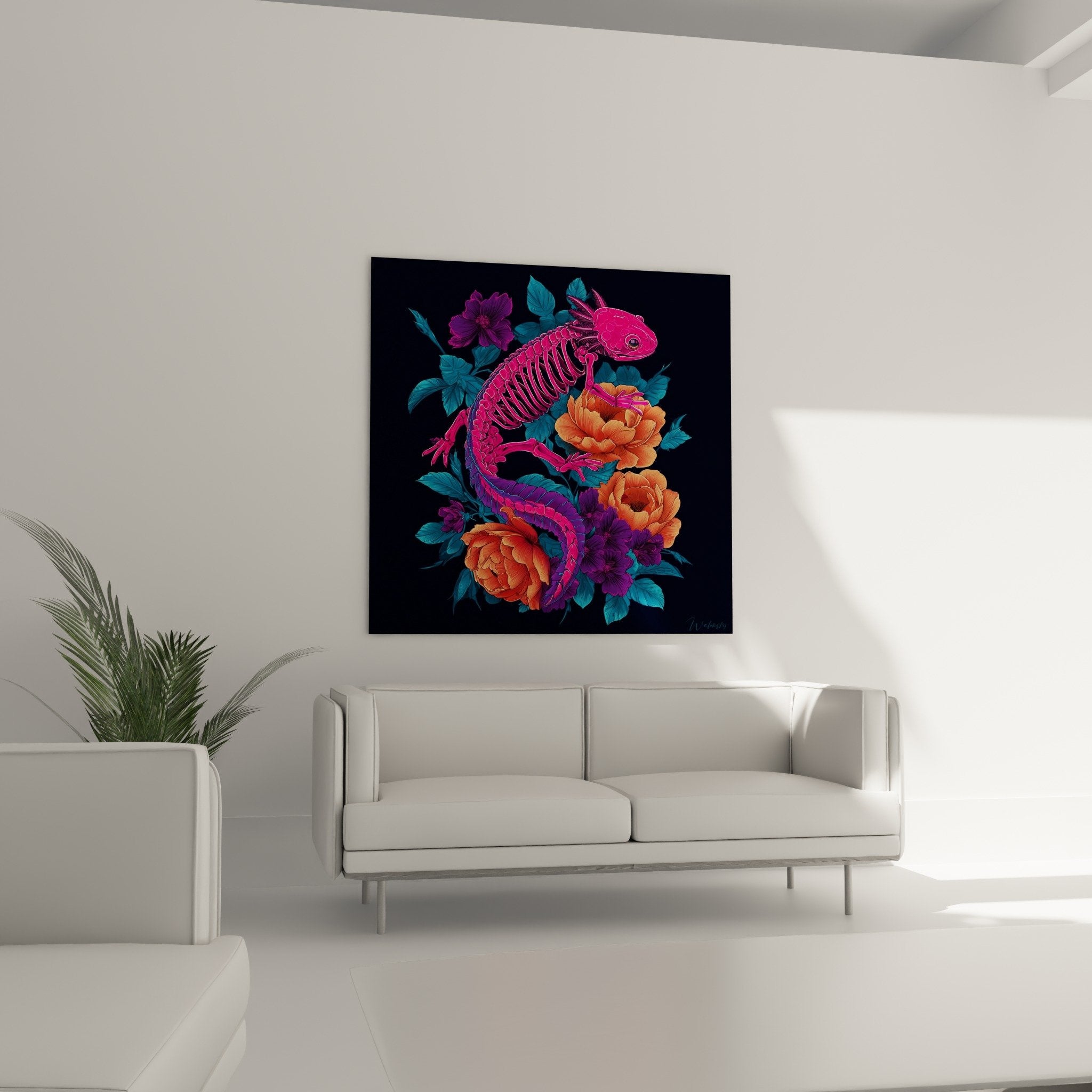 Détail squelette axolotl rose vif et fleurs pivoine orange violet, art scientifique contemporain