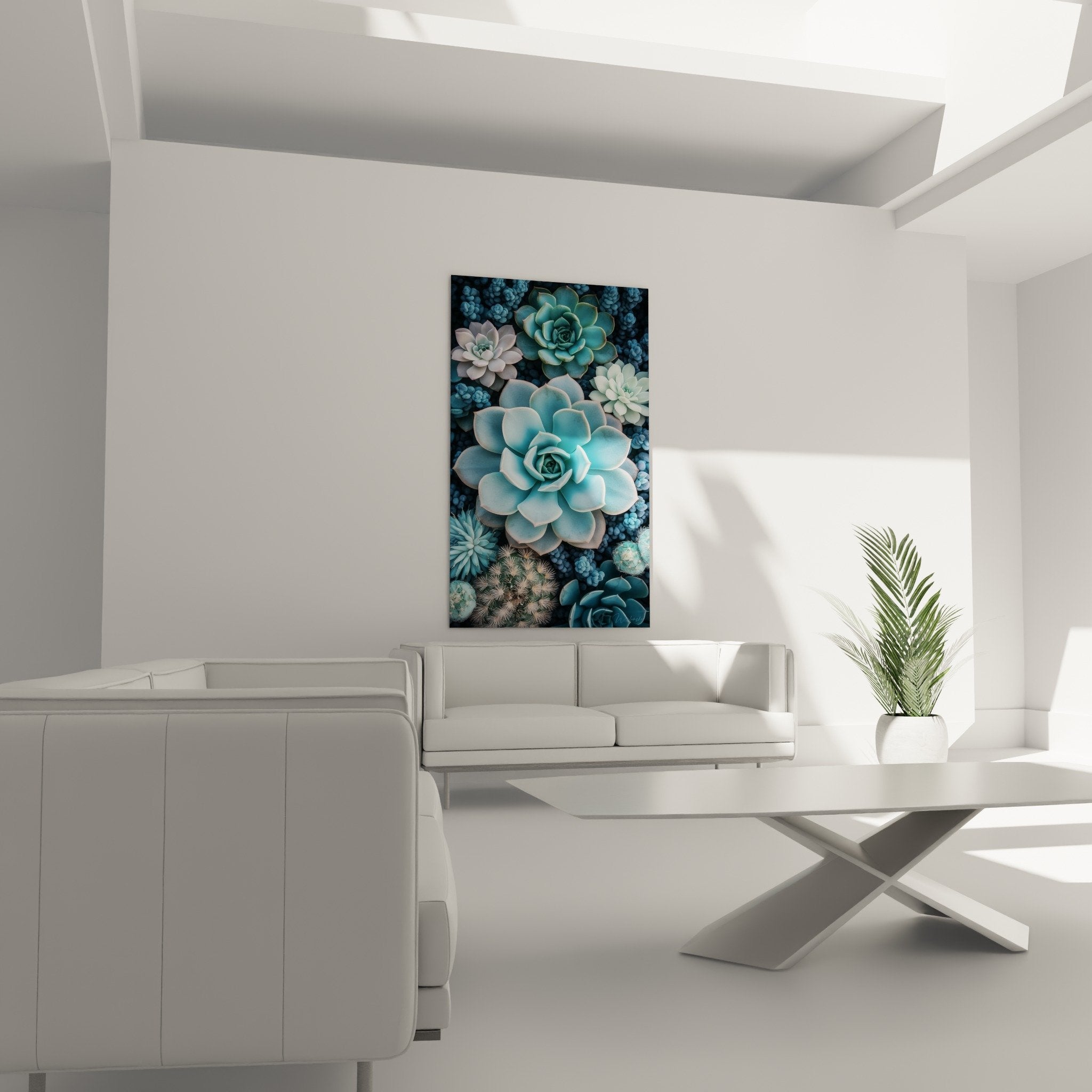 Detail succulentes bleues tableau cubisme texture petales rosettes art vegetal moderne nuances turquoise