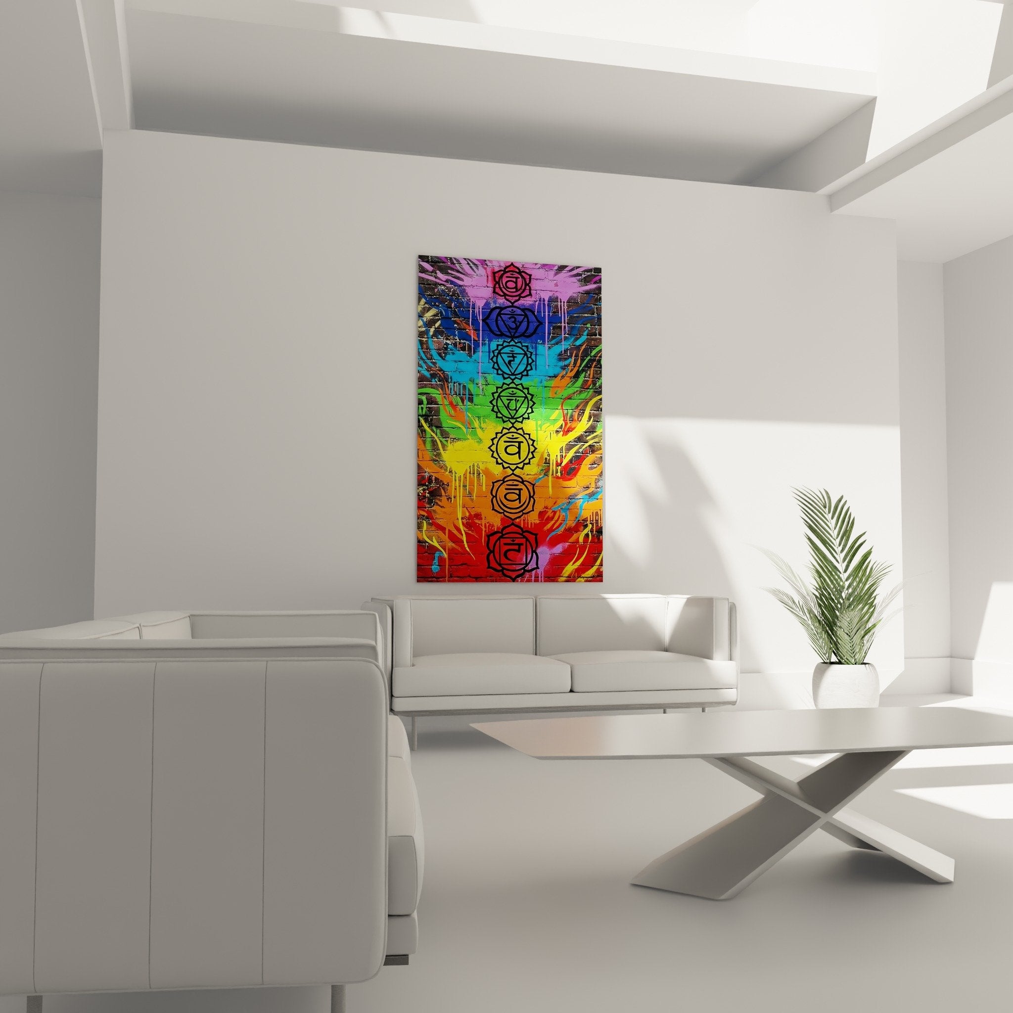 Nahaufnahme der Chakra-Symbole mit tropfender Farbe auf Backsteinstruktur und farbigen Tags