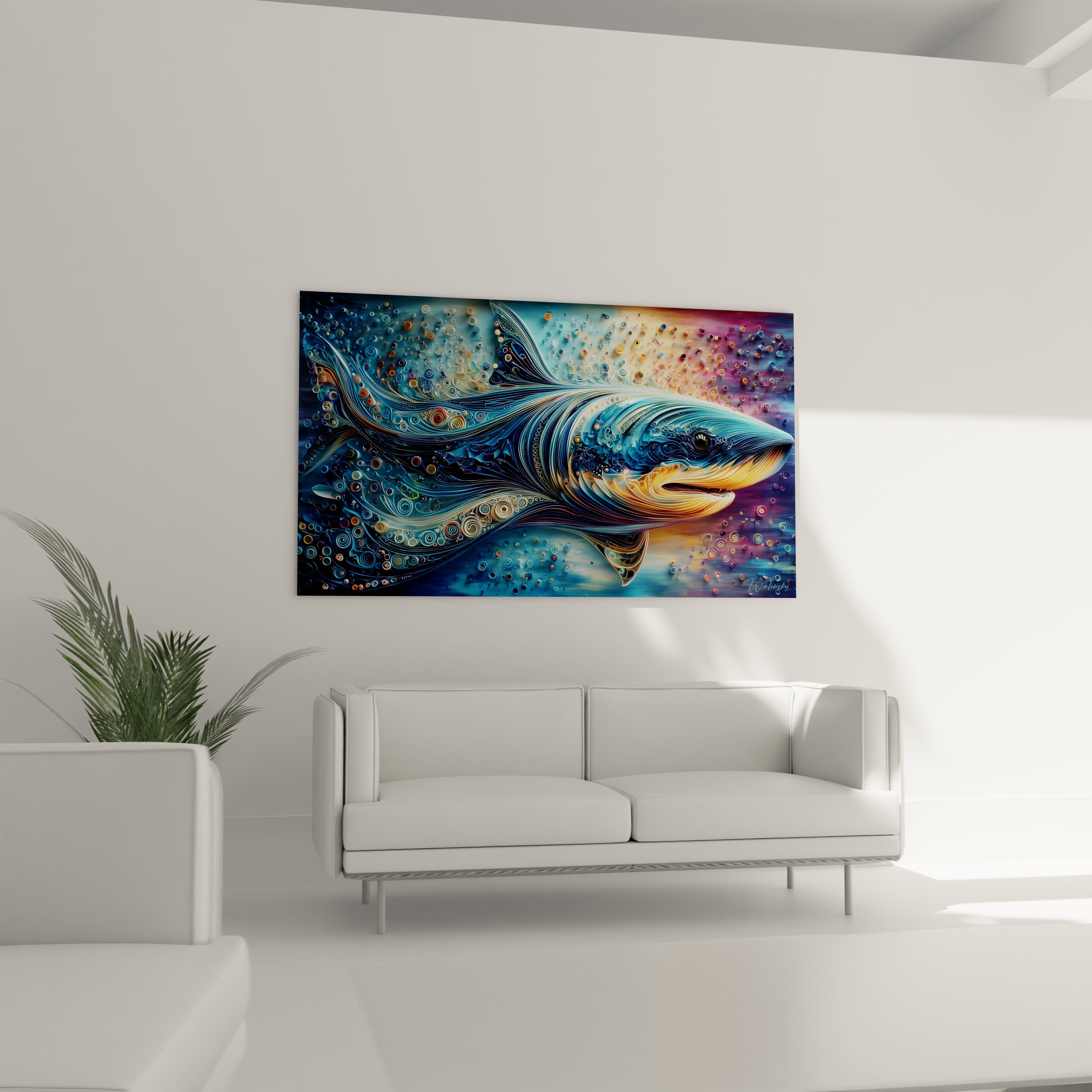 Détail gros plan tableau Mégalodon stylisée, motifs circulaires et couleurs dégradées artistiques