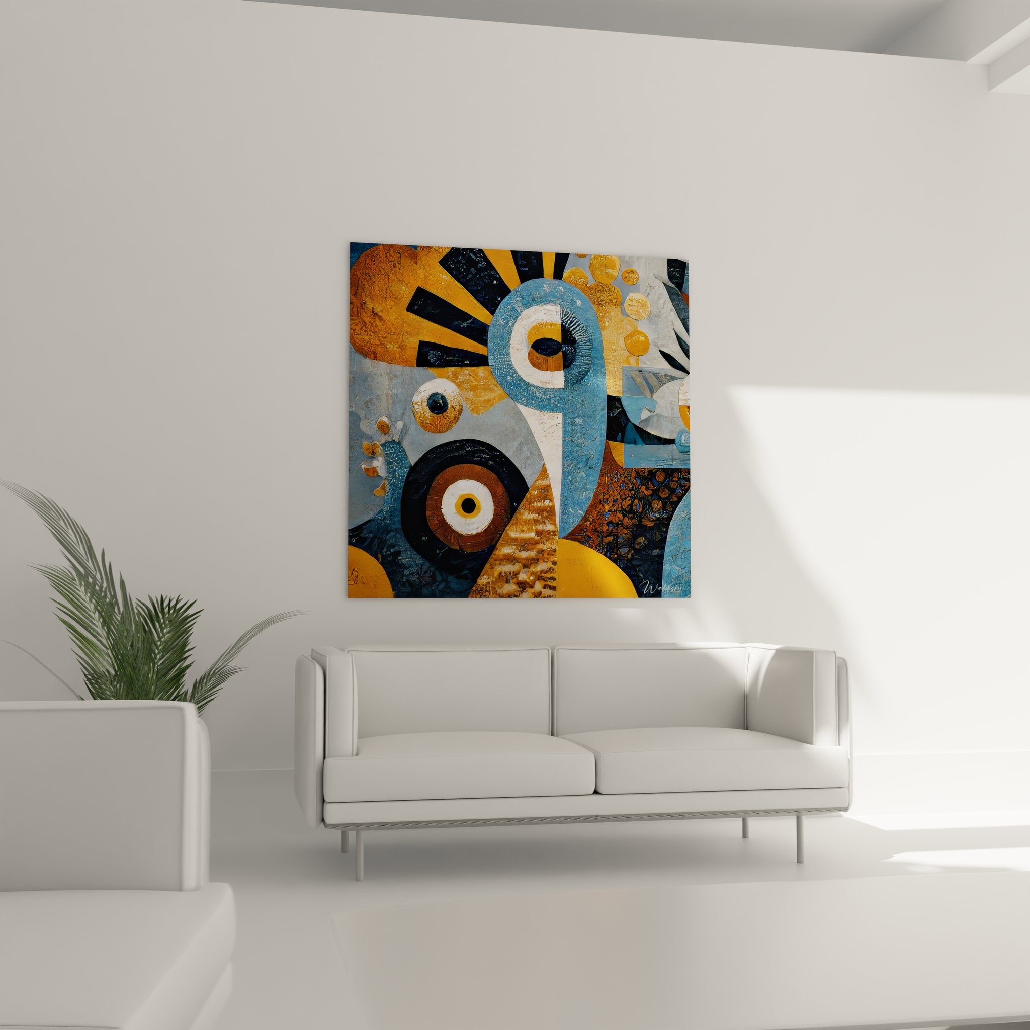 Détail gros plan tableau abstrait africain montrant textures et symboles oculaires