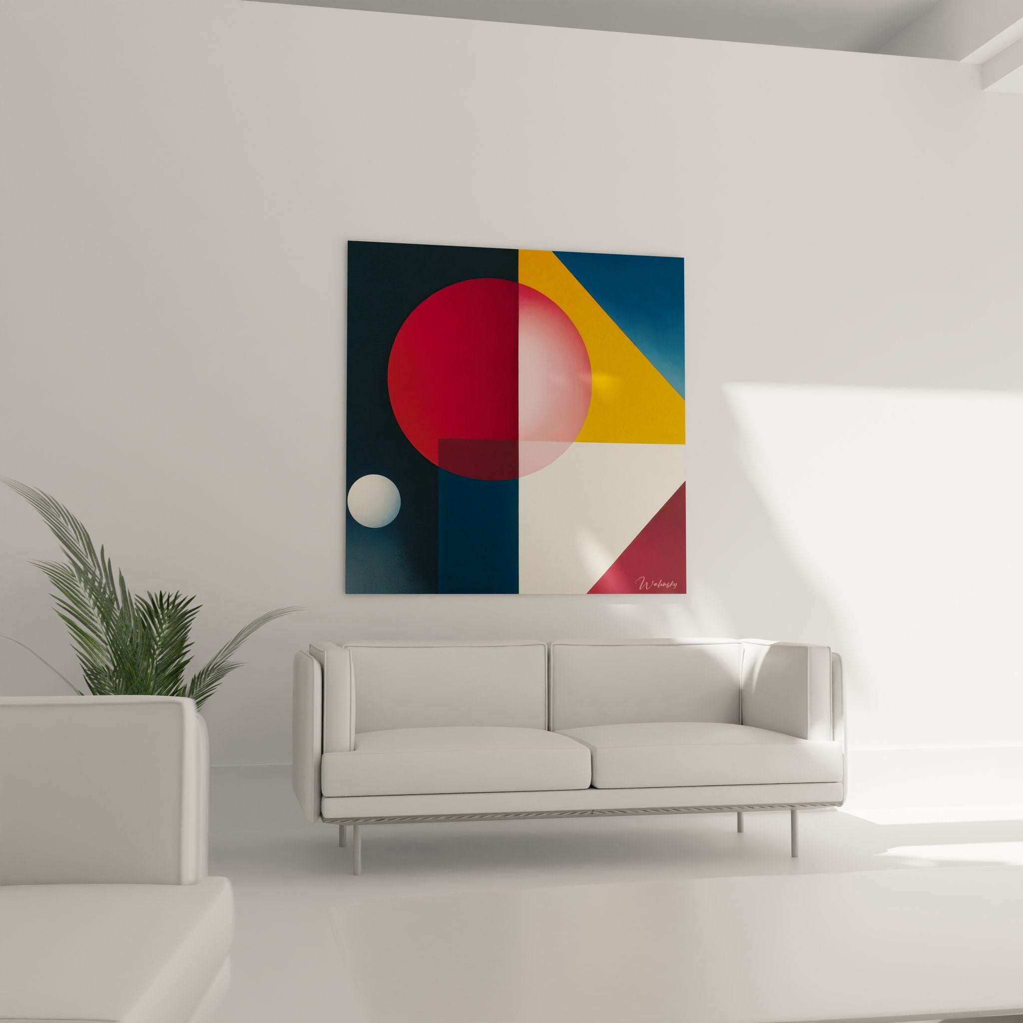 Gros plan détail tableau abstrait géométrique montrant cercles colorés et formes triangulaires