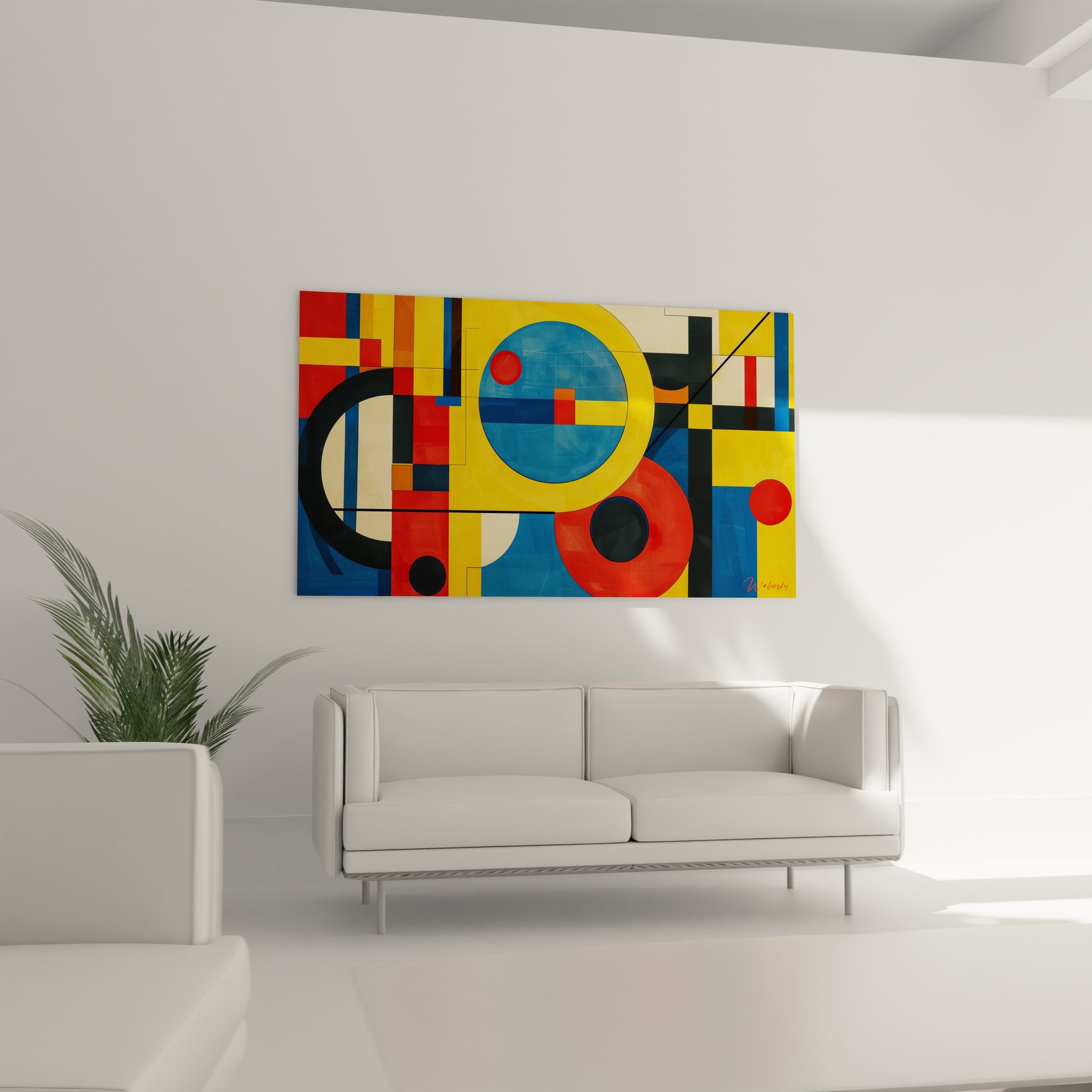 Détail rapproché tableau abstrait géométrique montrant cercles bleus jaunes et formes colorées précises