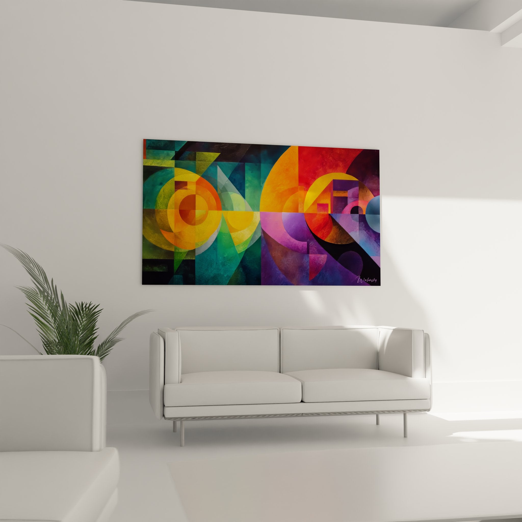 Détail proche tableau abstrait géométrique, cercles concentriques colorés et formes triangulaires