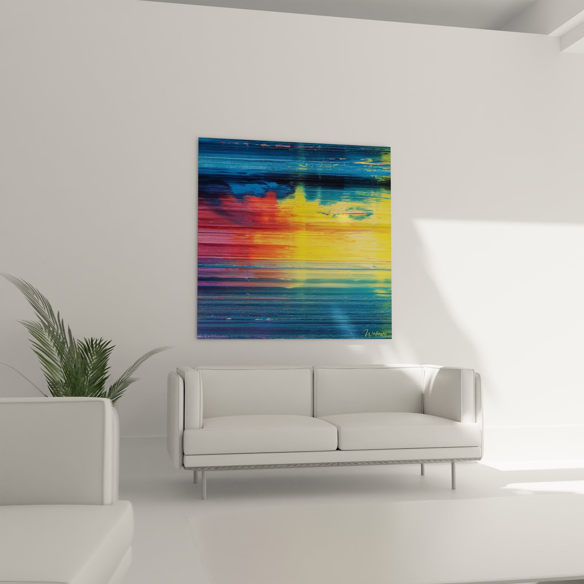 Détail rapproché tableau abstrait coloré texture raclée couleurs vives superposées