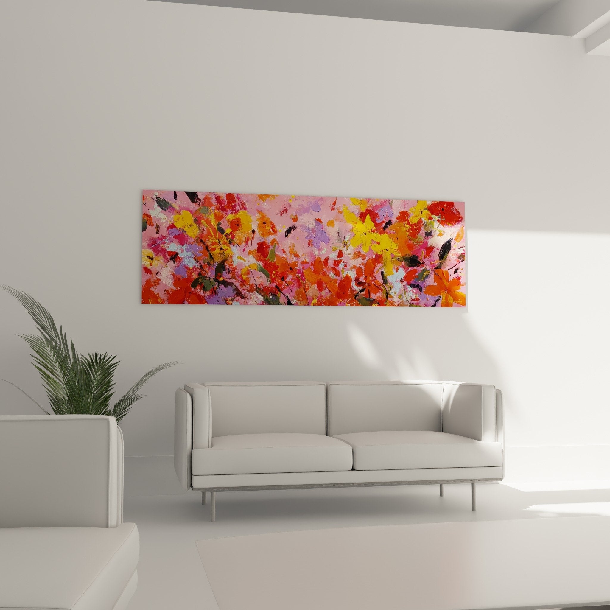 Détail proche tableau abstrait coulures roses oranges jaunes texture peinture gestuelle feng shui sud-ouest