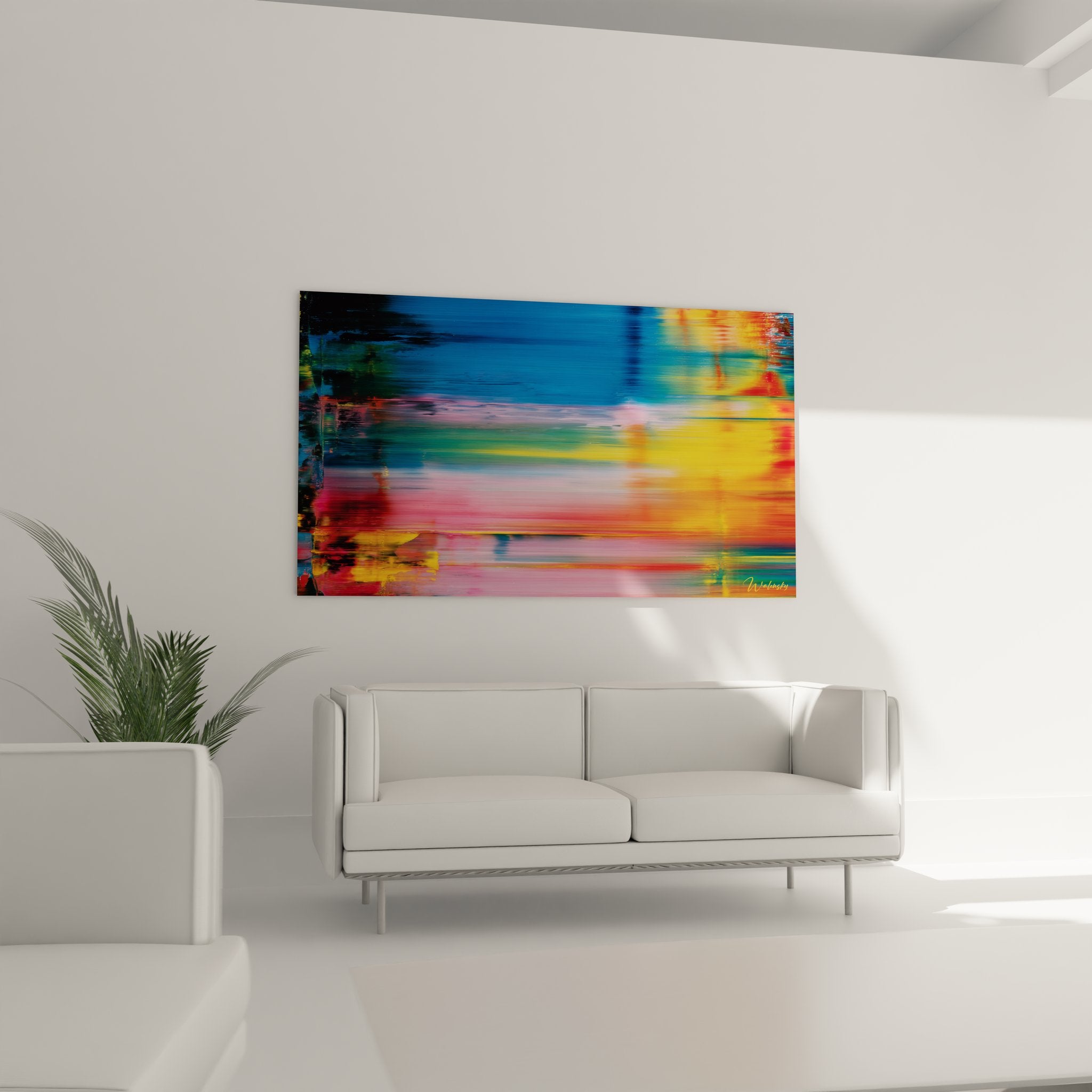 Gros plan détail tableau abstrait couleurs vibrantes technique raclage peinture moderne