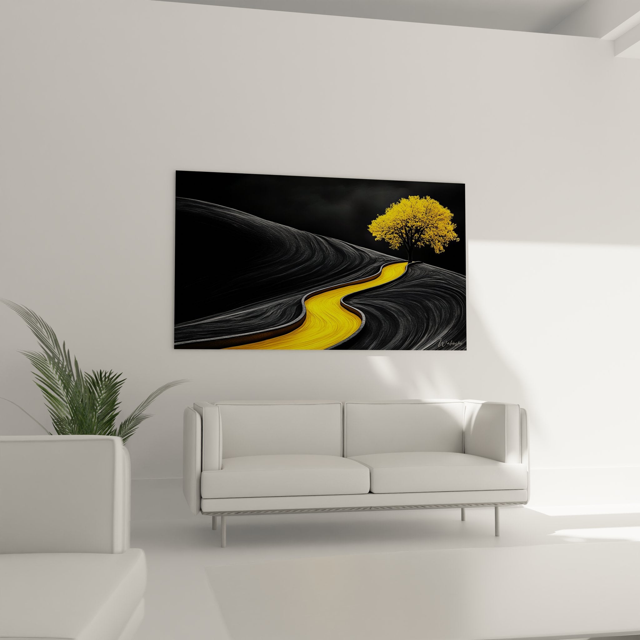 Détail gros plan tableau abstrait courbes dorées organiques texture moderne peinture