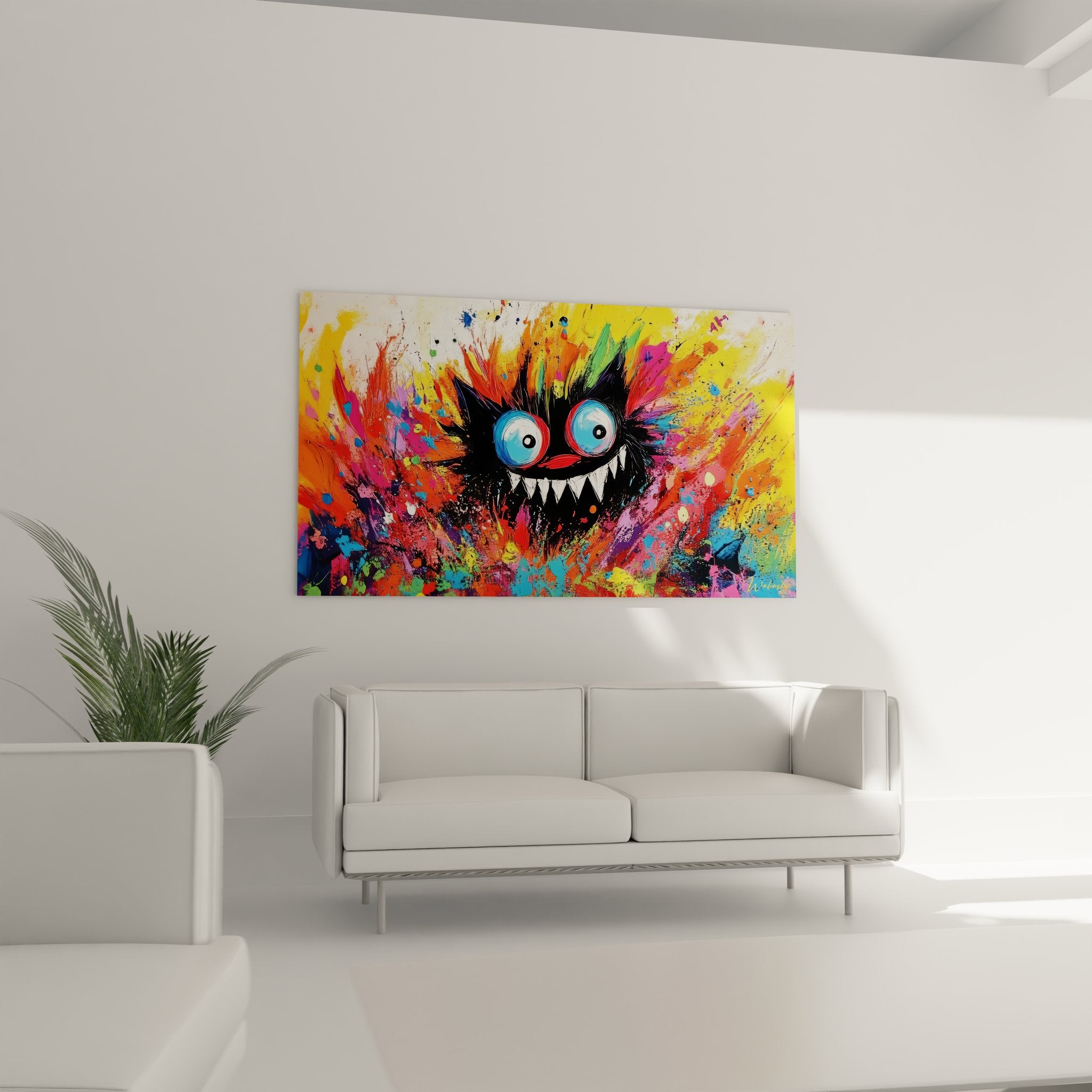 Détail tableau abstrait créature fantastique yeux bleus éclaboussures peinture multicolore