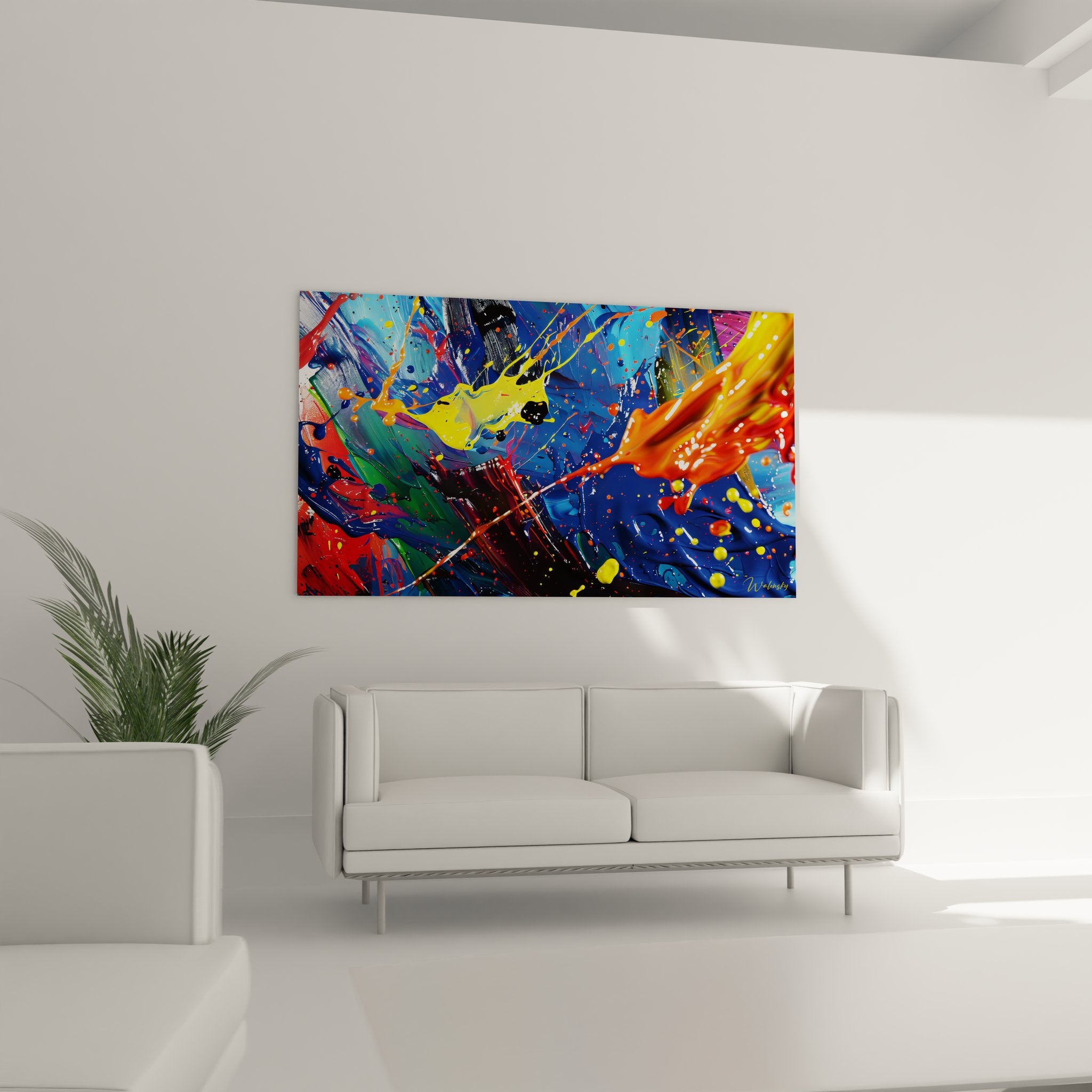 Gros plan sur les détails colorés du tableau abstrait avec projections de peinture multicolores