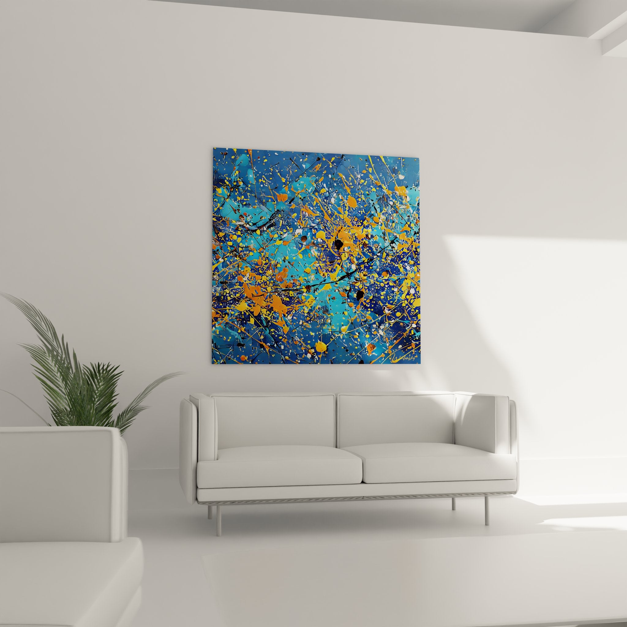 Détail gros plan tableau abstrait éclaboussures peinture bleue orange sur toile