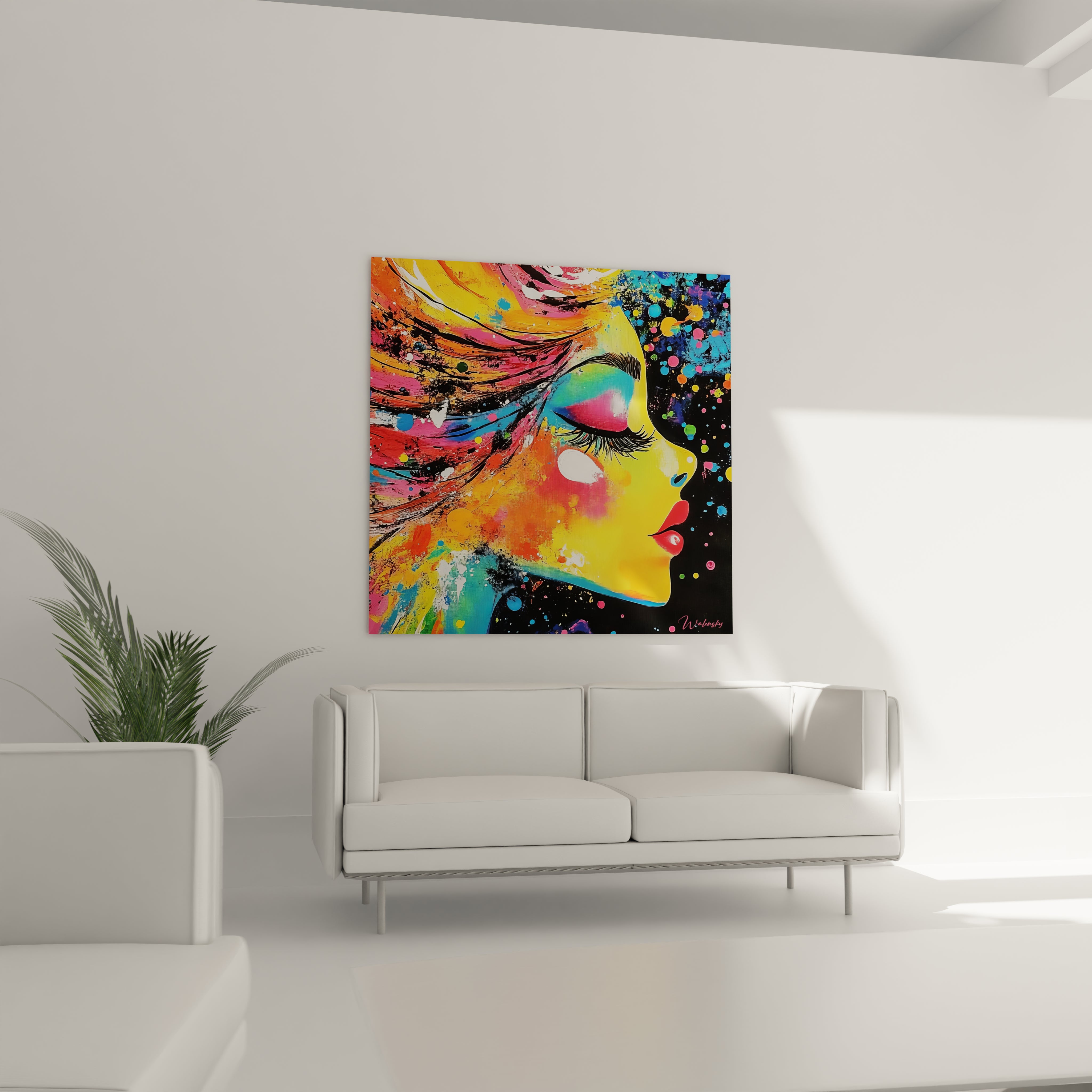 Gros plan détail tableau abstrait femme montrant les couleurs vives et la technique artistique raffinée