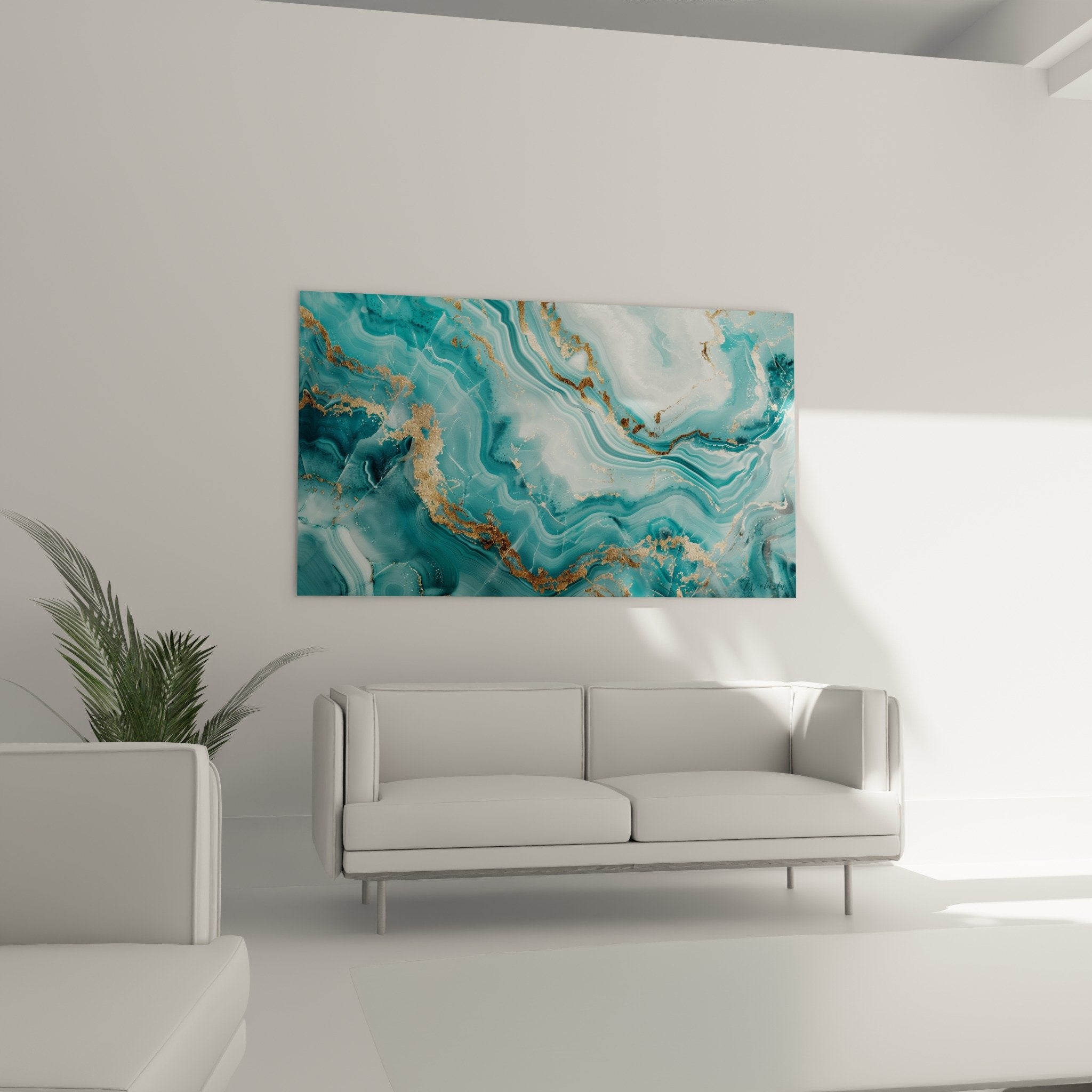 Détail tableau abstrait marbre bleu, veines dorées serpentant dans fluides turquoise cristallins