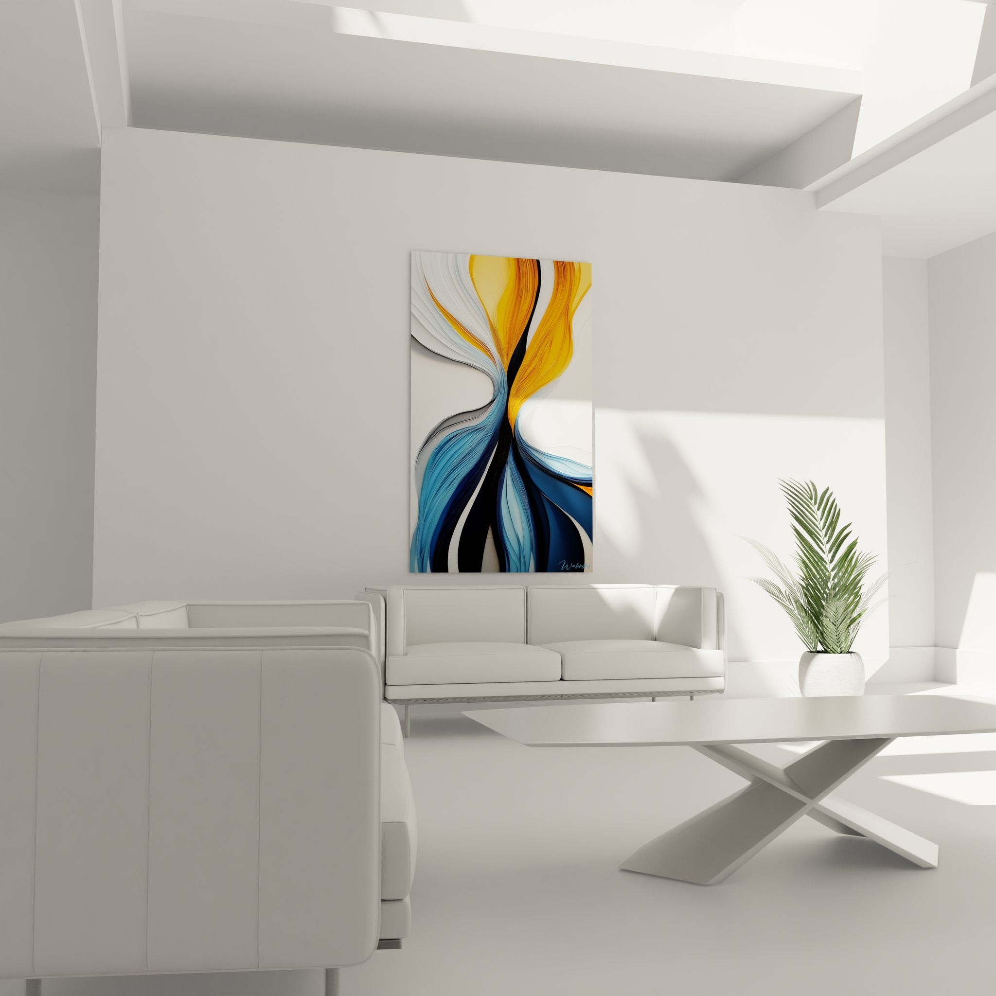 Détail tableau abstrait flux dynamiques courbes organiques bleu orange art moderne gros plan