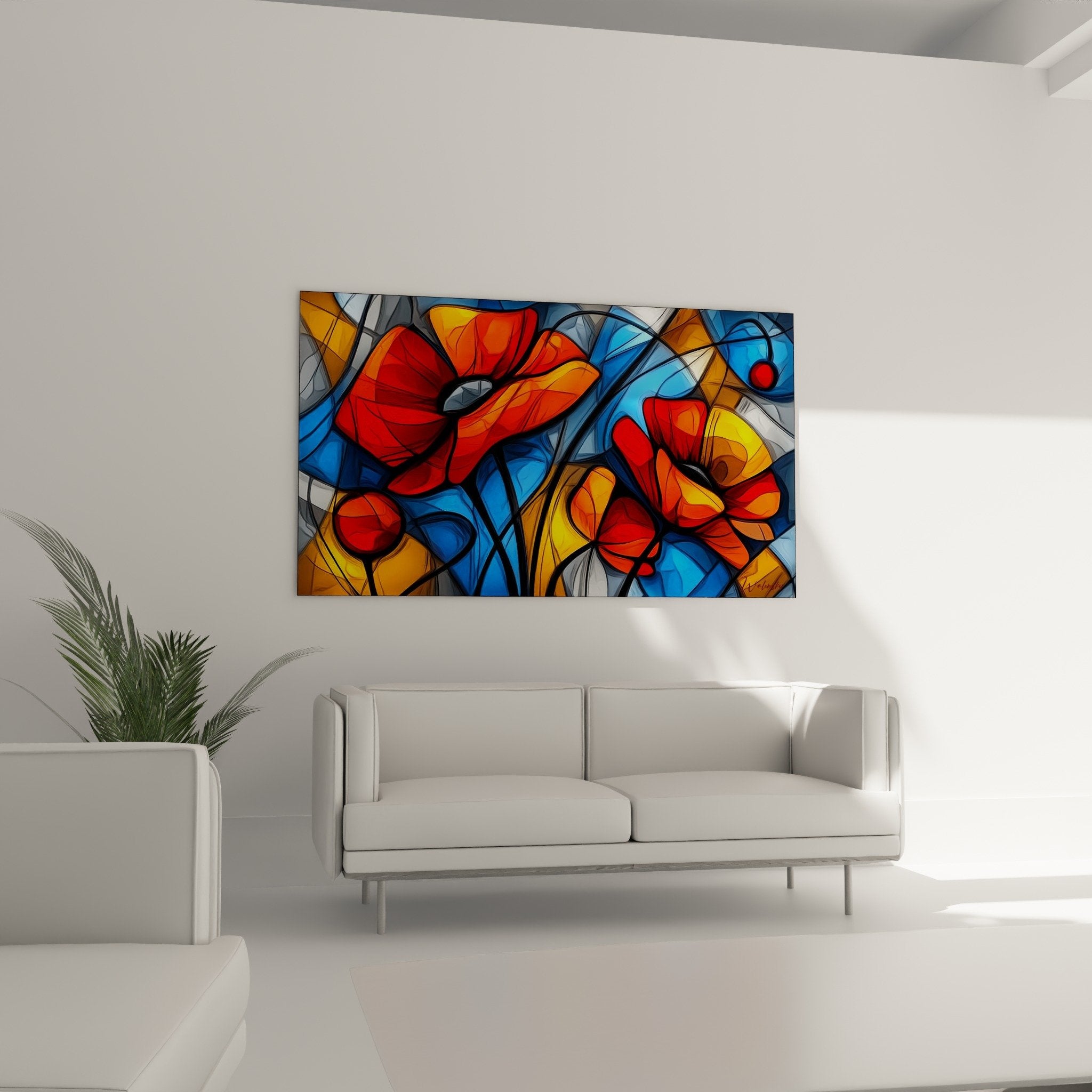 Nahaufnahme abstraktes Gemälde schwarze Konturen farbige Formen zeitgenössischer Glasmalerei-Stil