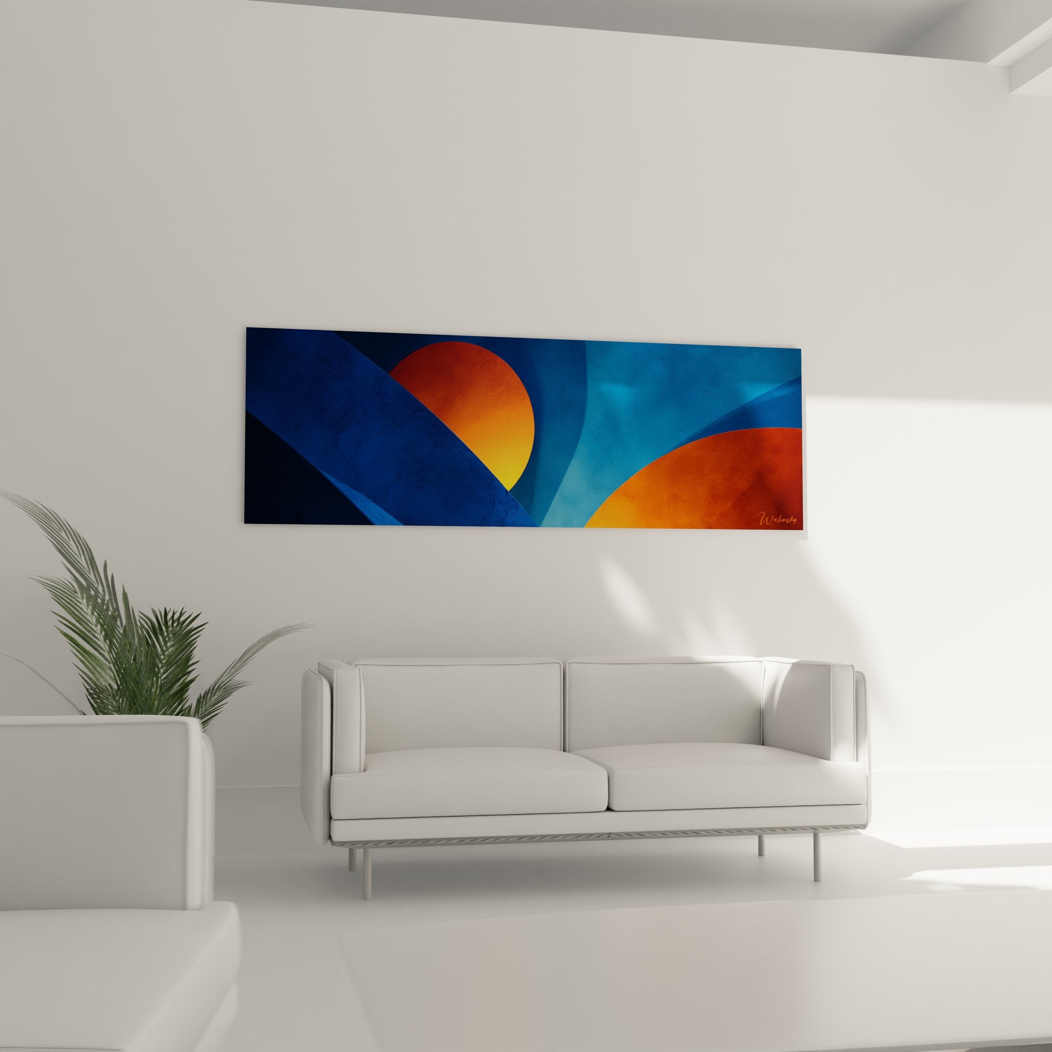 Détail du tableau abstrait géométrique montrant les nuances bleu cobalt et orange avec effets de transparence