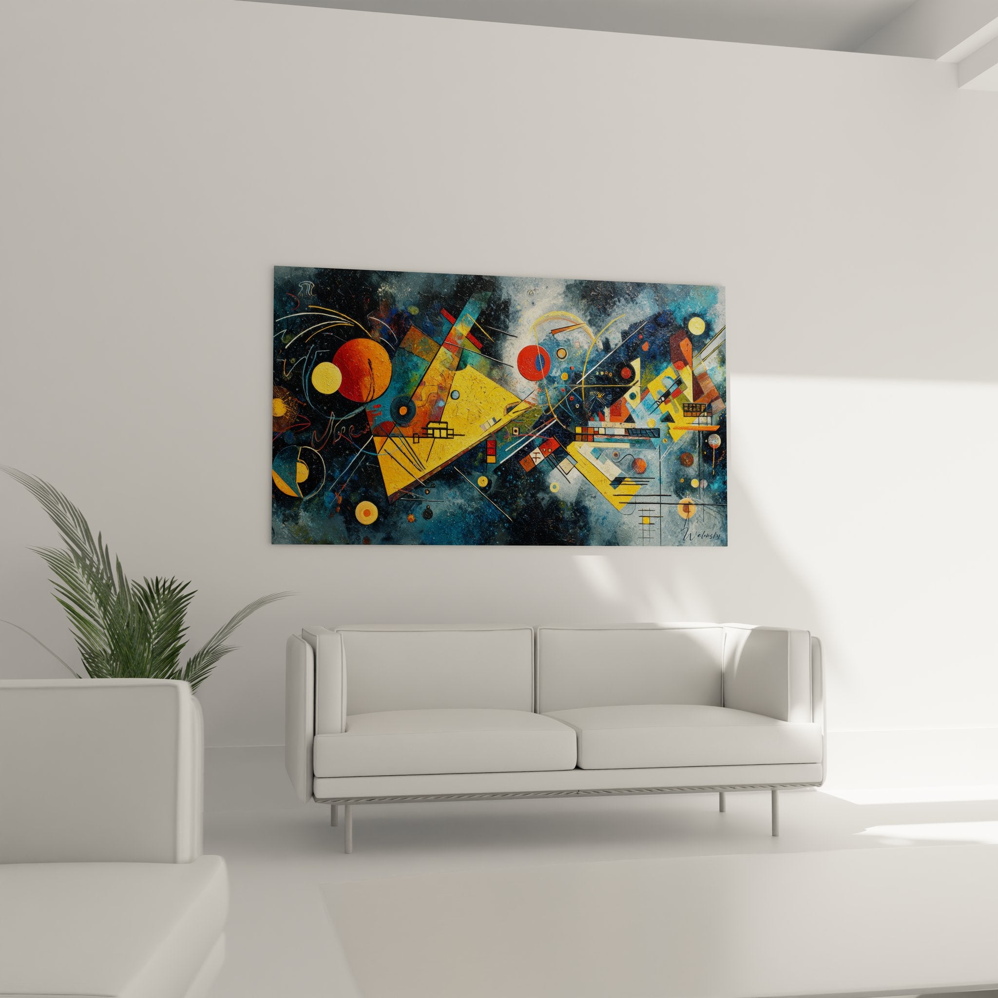 Détail rapproché tableau abstrait montrant formes géométriques colorées et textures artistiques