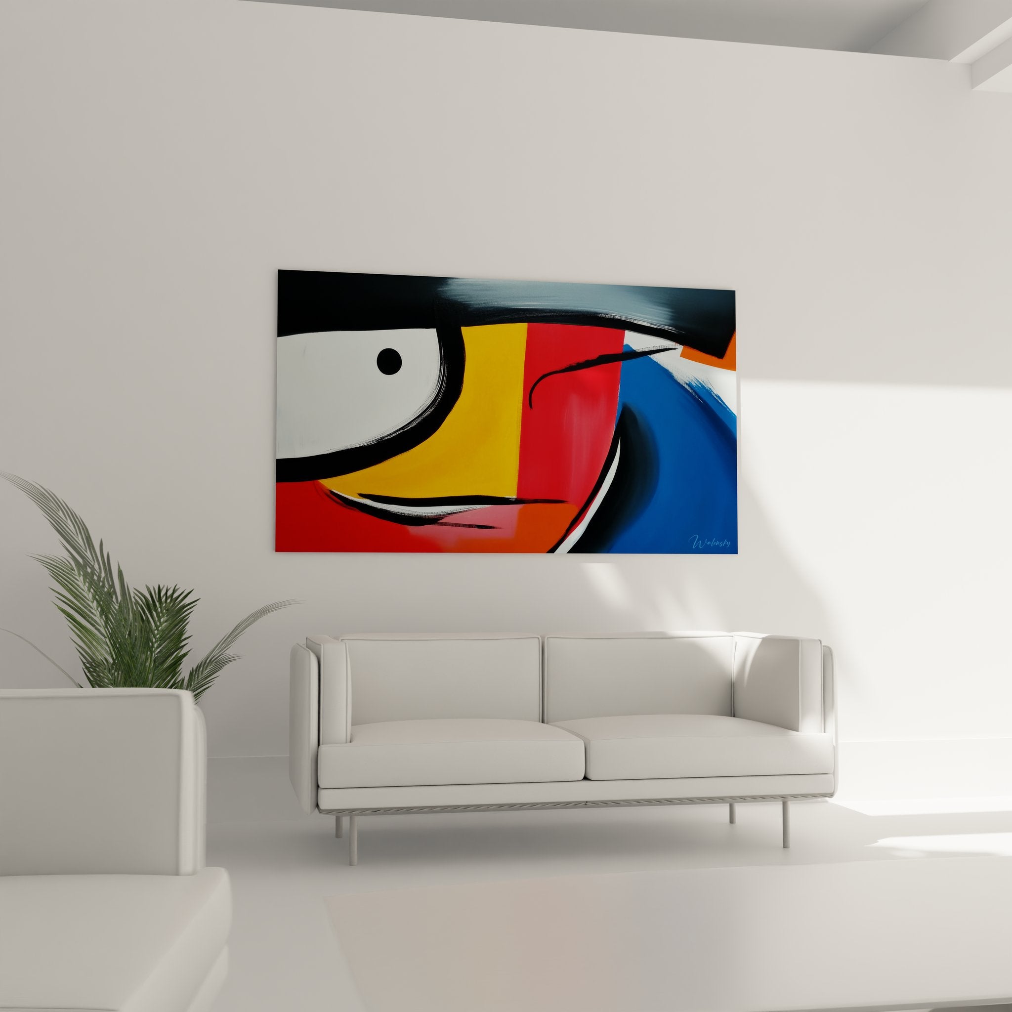 Détail rapproché du tableau abstrait montrant les couleurs vives et les formes géométriques organiques