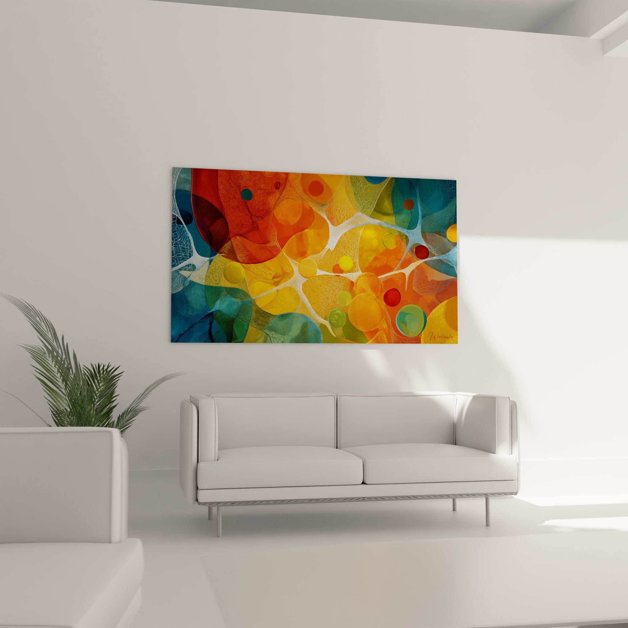 Détail gros plan tableau formes organiques textures transparences couleurs vives abstrait