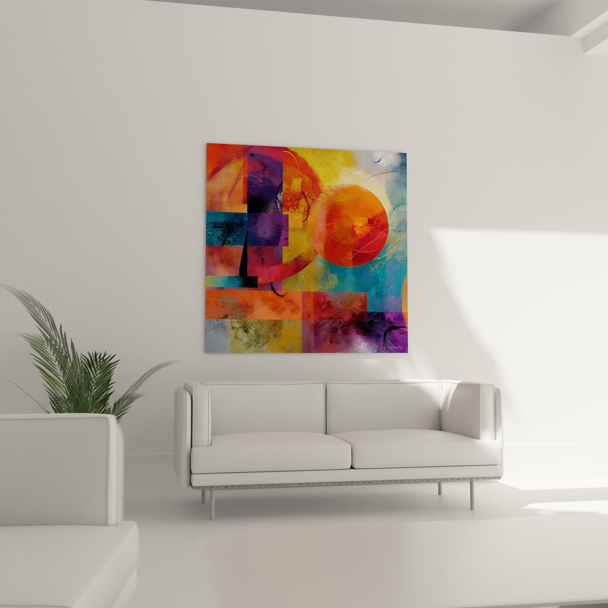 Détail gros plan tableau abstrait géométrique textures colorées cercle orange