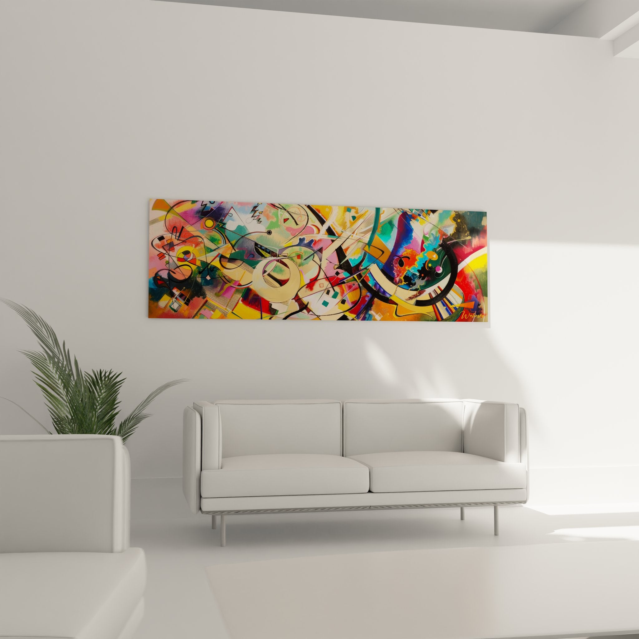 Détail gros plan tableau abstrait géométrique montrant textures et nuances de couleurs vives