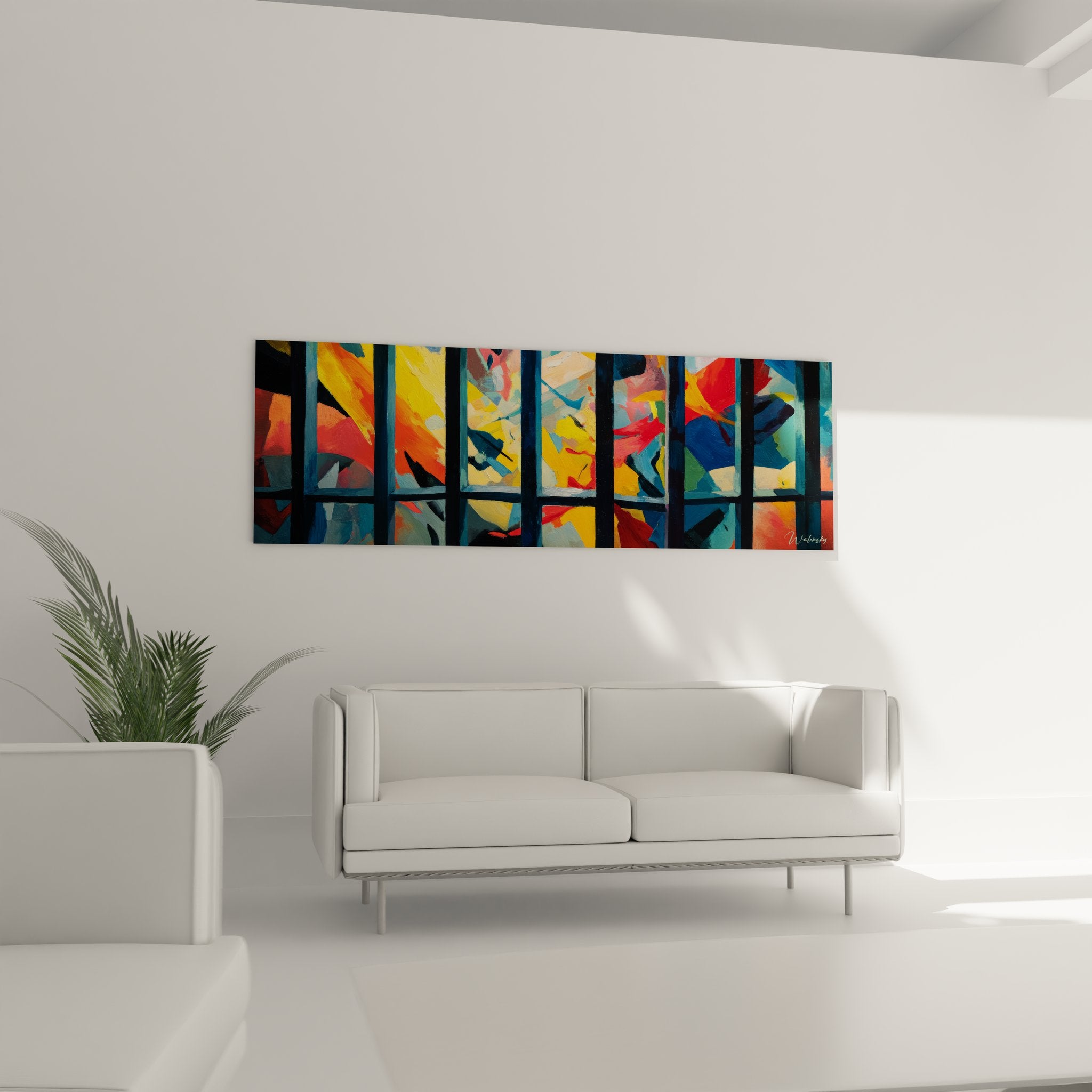 Détail gros plan tableau abstrait géométrique, couleurs vives jaune rouge bleu orange, formes artistiques