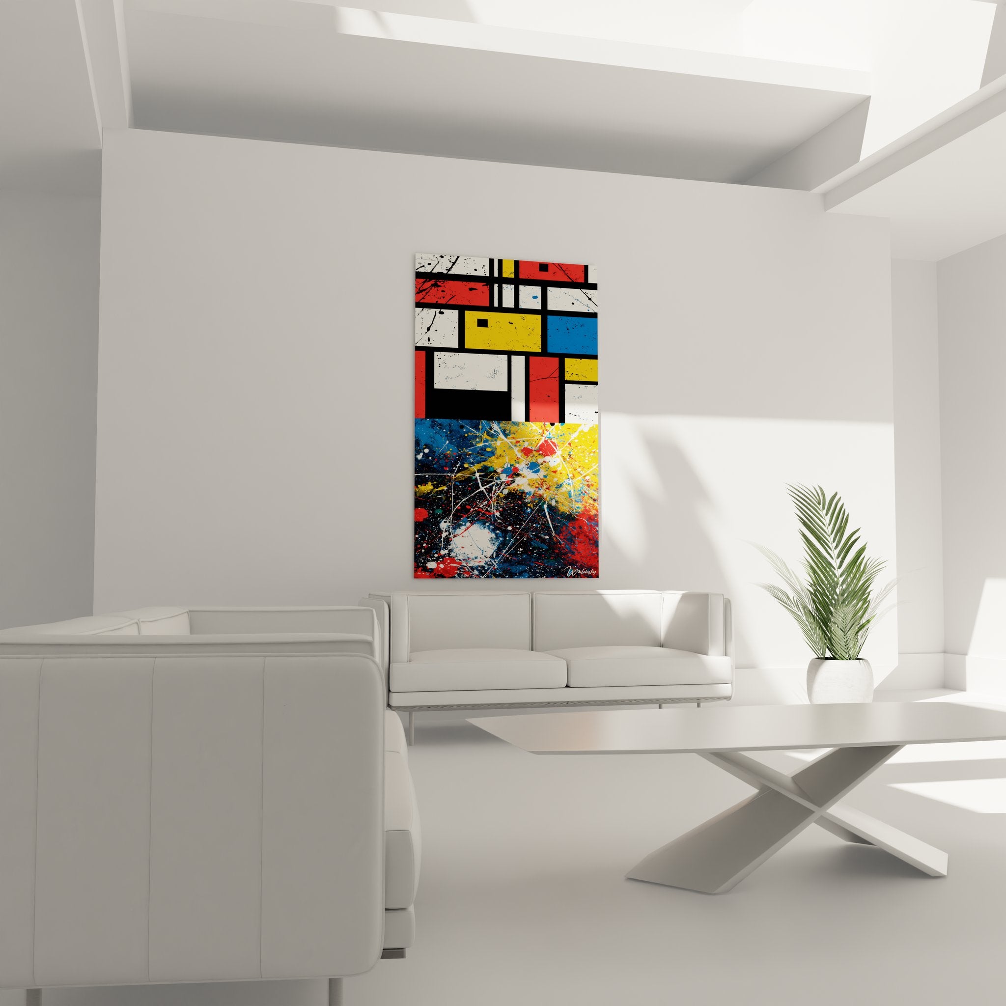 Détail tableau abstrait géométrique montrant transition entre structure et chaos expressionniste