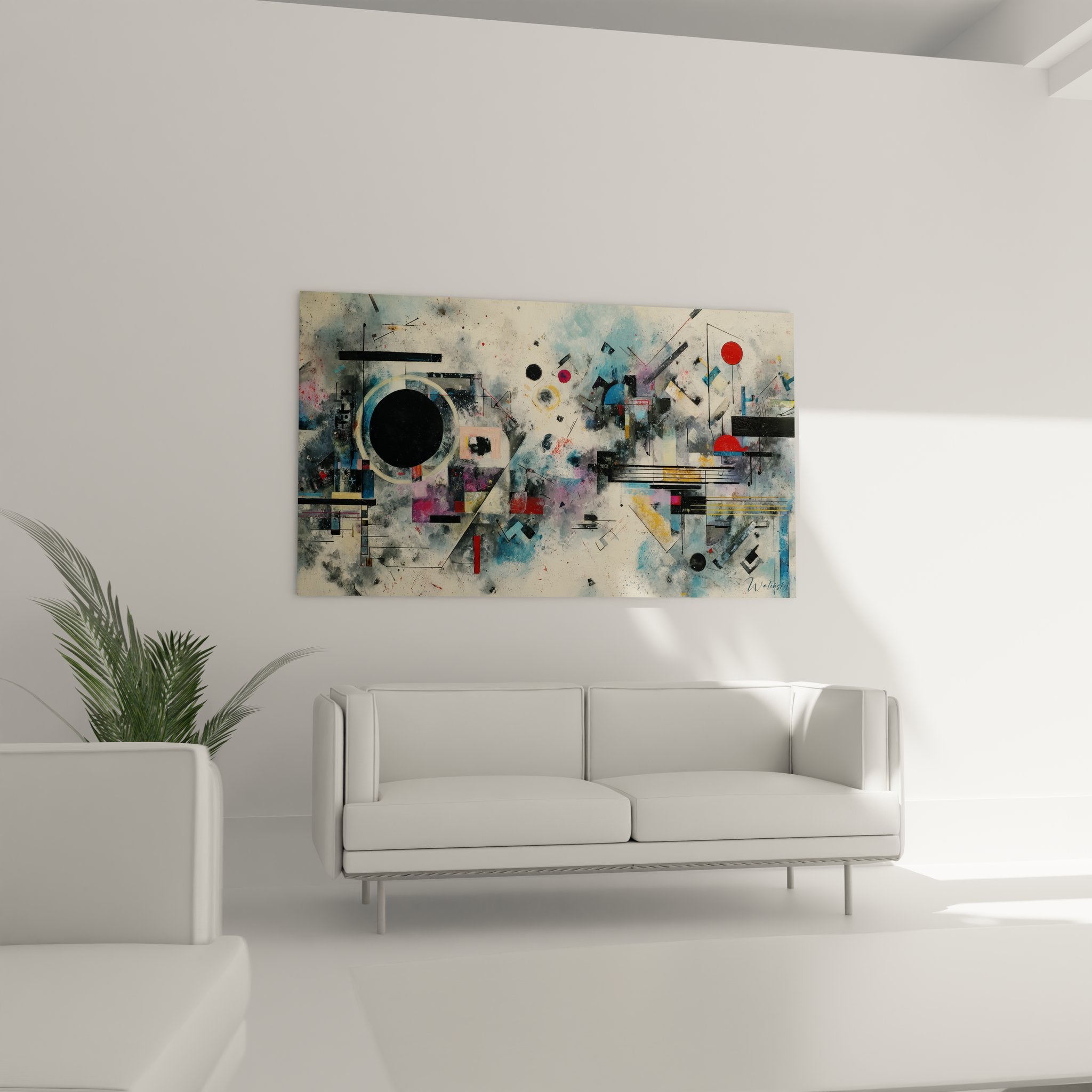 Détail gros plan tableau géométrique abstrait montrant textures et formes colorées