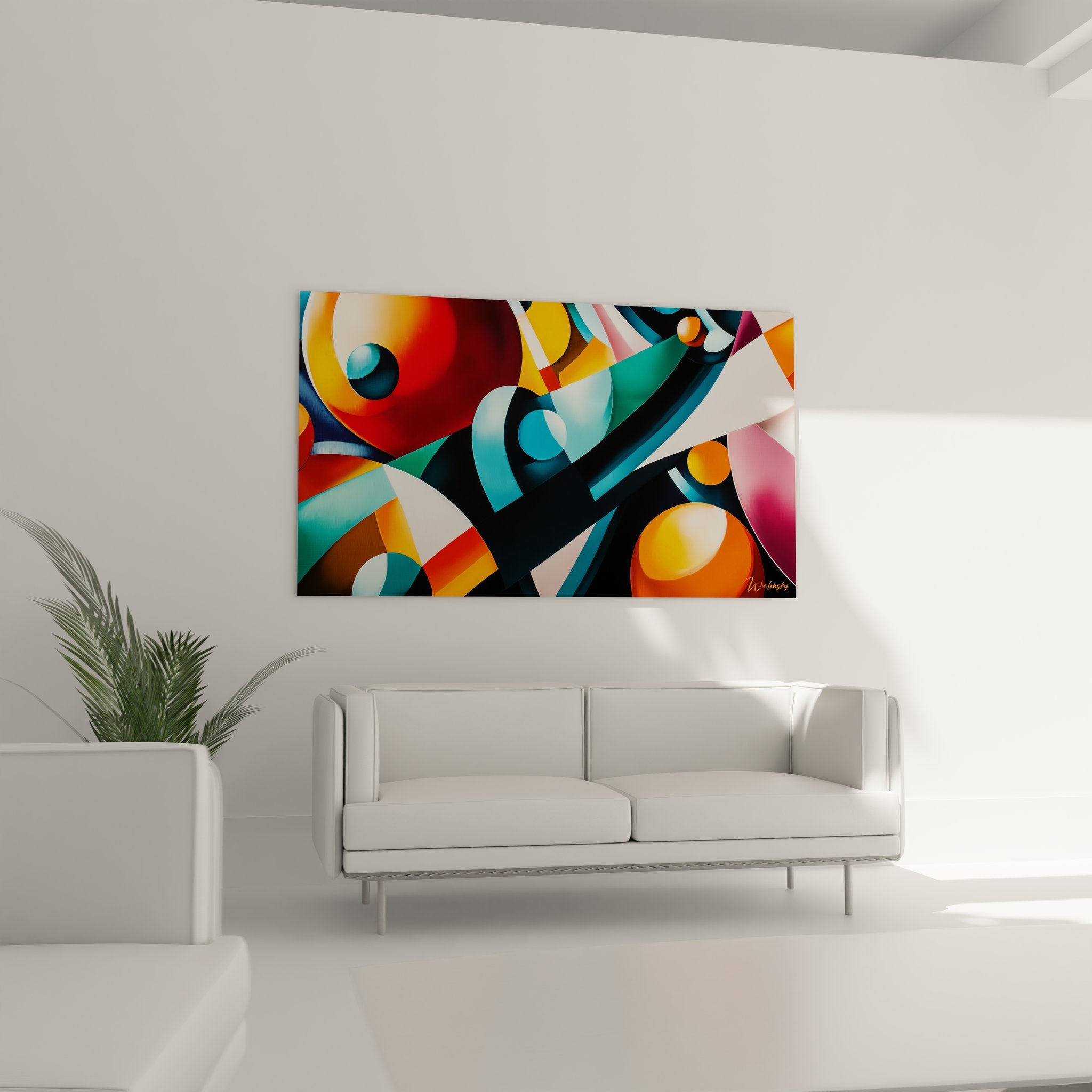 Détail gros plan tableau abstrait géométrique, formes colorées et motifs entrecroisés, art moderne