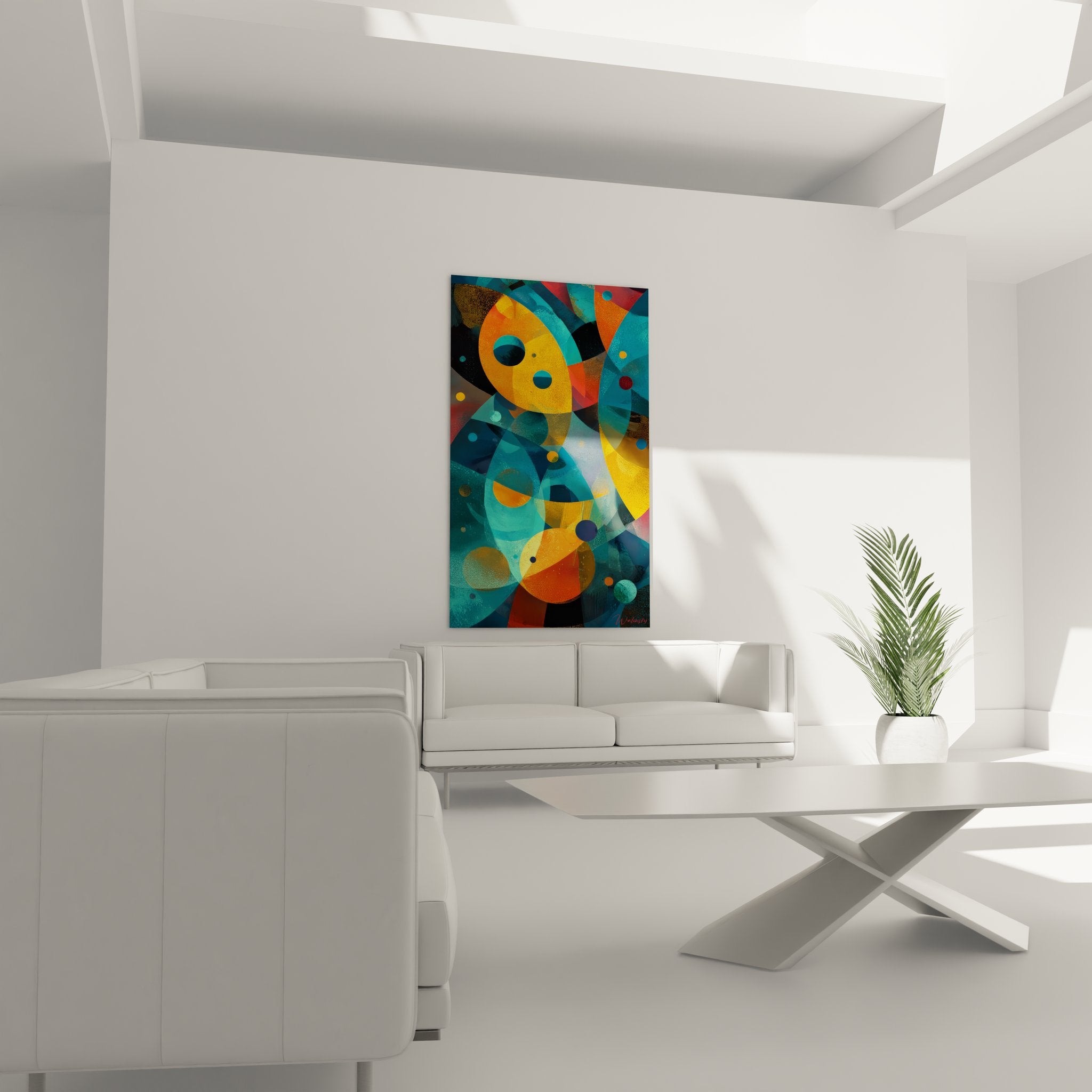 Gros plan détail tableau abstrait géométrique, formes colorées superposées orange bleu jaune, art contemporain