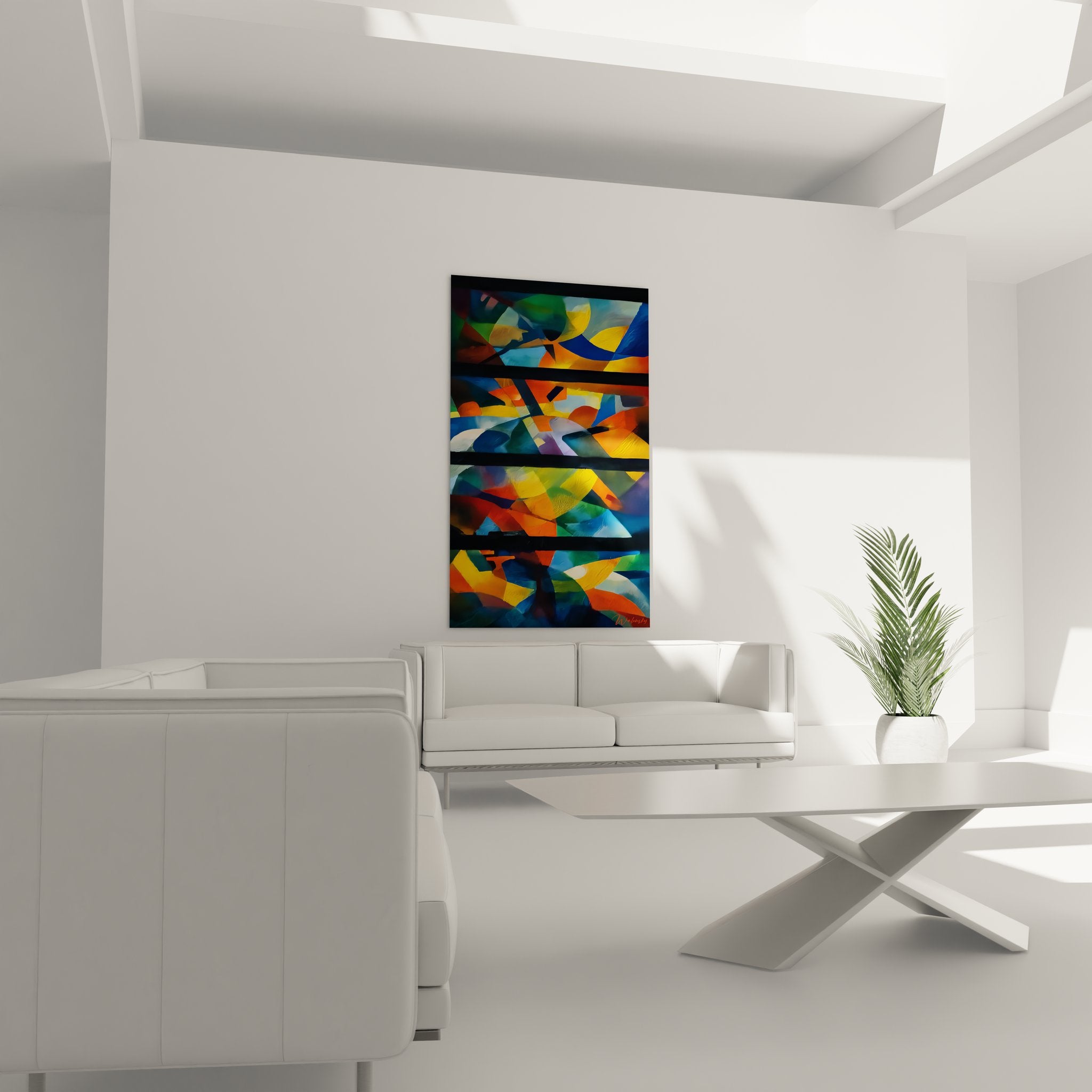 Gros plan tableau abstrait géométrique, détail formes colorées et composition moderne artistique