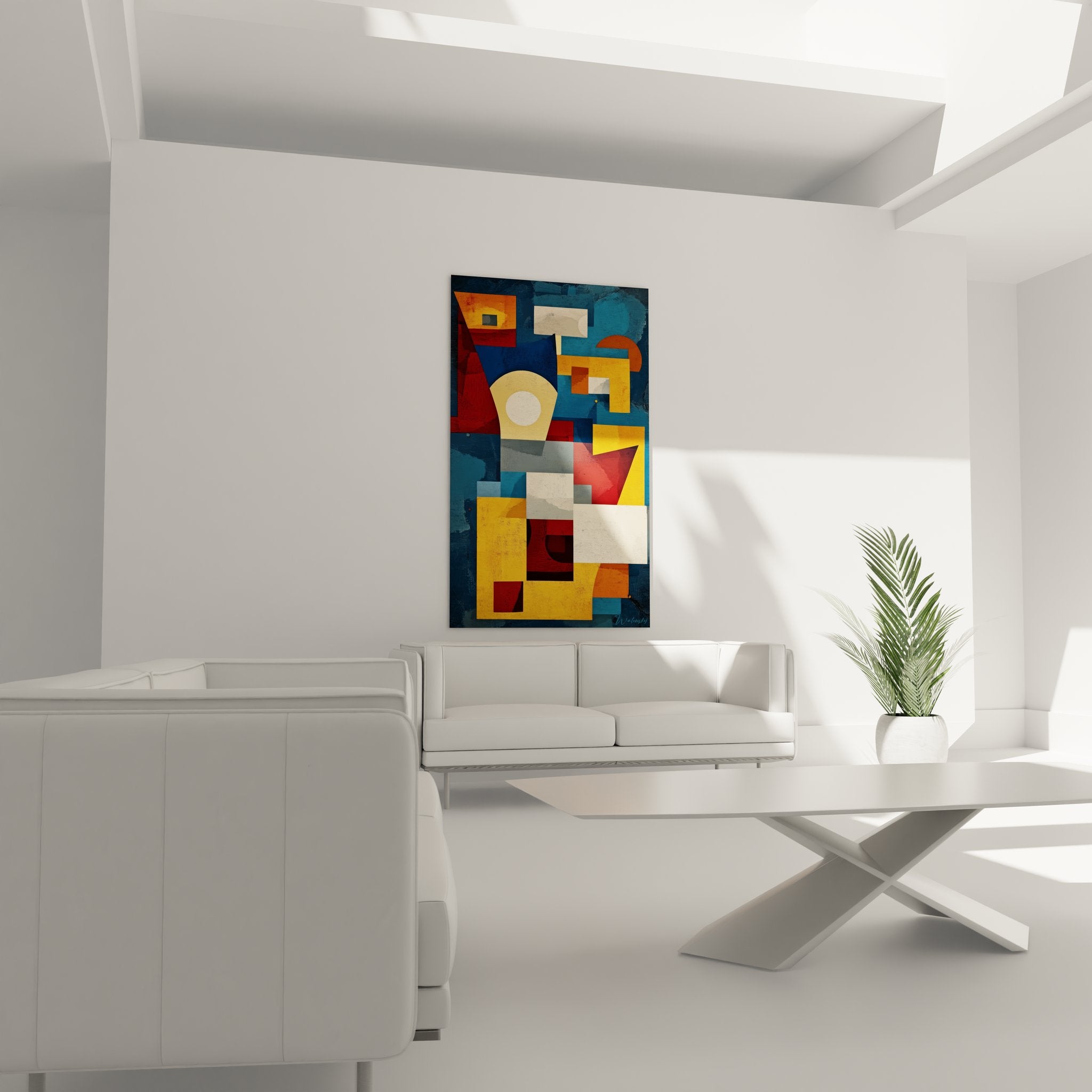 Détail gros plan tableau abstrait géométrique montrant formes colorées et textures modernes