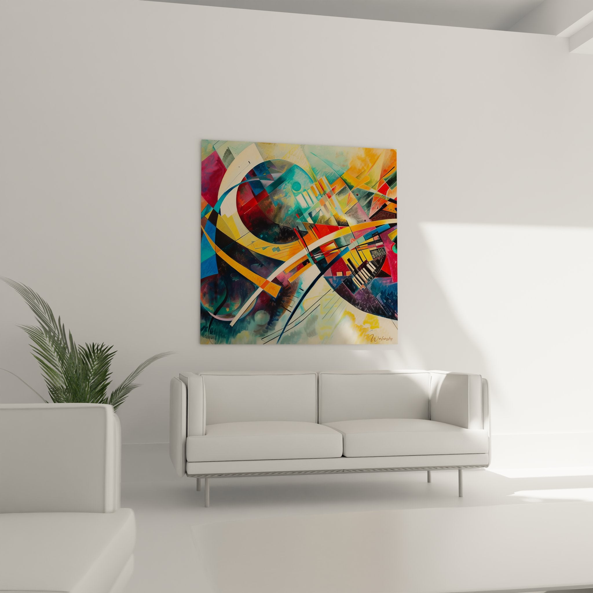 Détail gros plan tableau abstrait géométrique montrant textures et superpositions de formes colorées