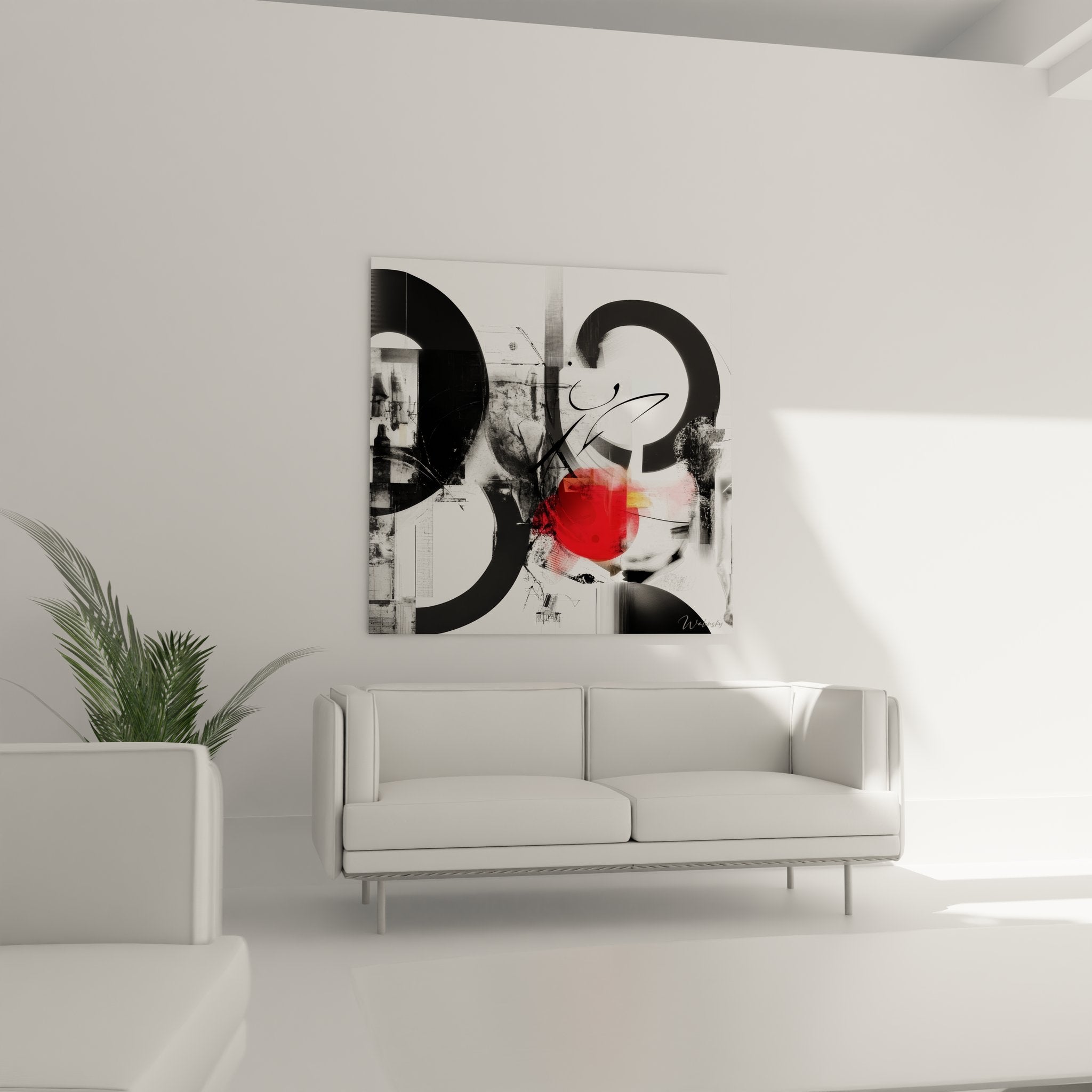 Détail gros plan tableau abstrait géométrique formes noires cercle rouge texture