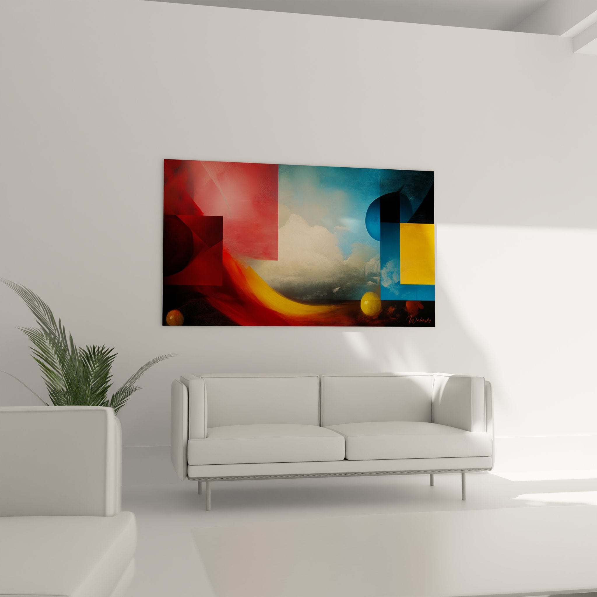 Détail tableau abstrait géométrique - Formes rouges transparentes et compositions colorées moderne