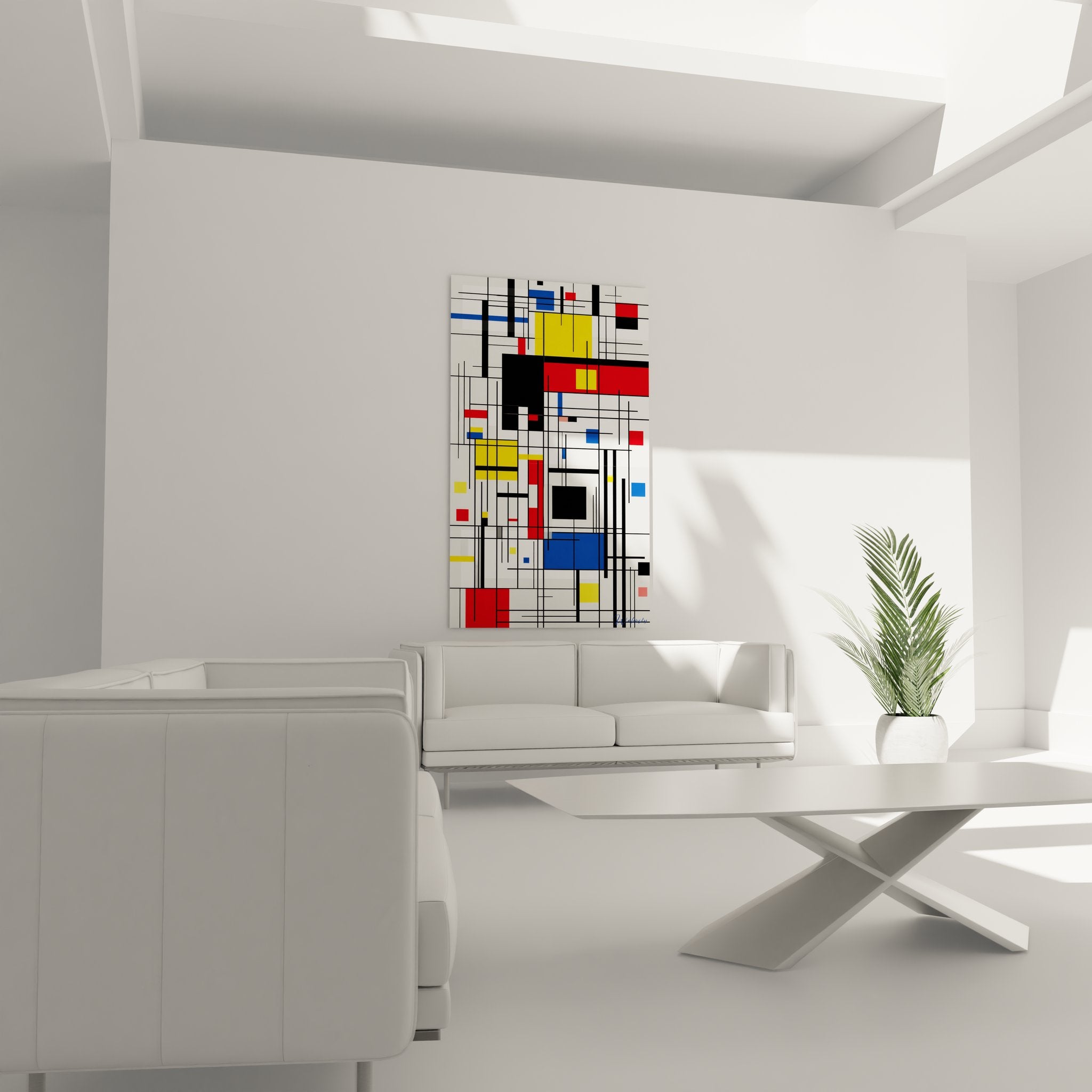 Détail gros plan tableau abstrait géométrique montrant lignes noires et formes colorées style Mondrian