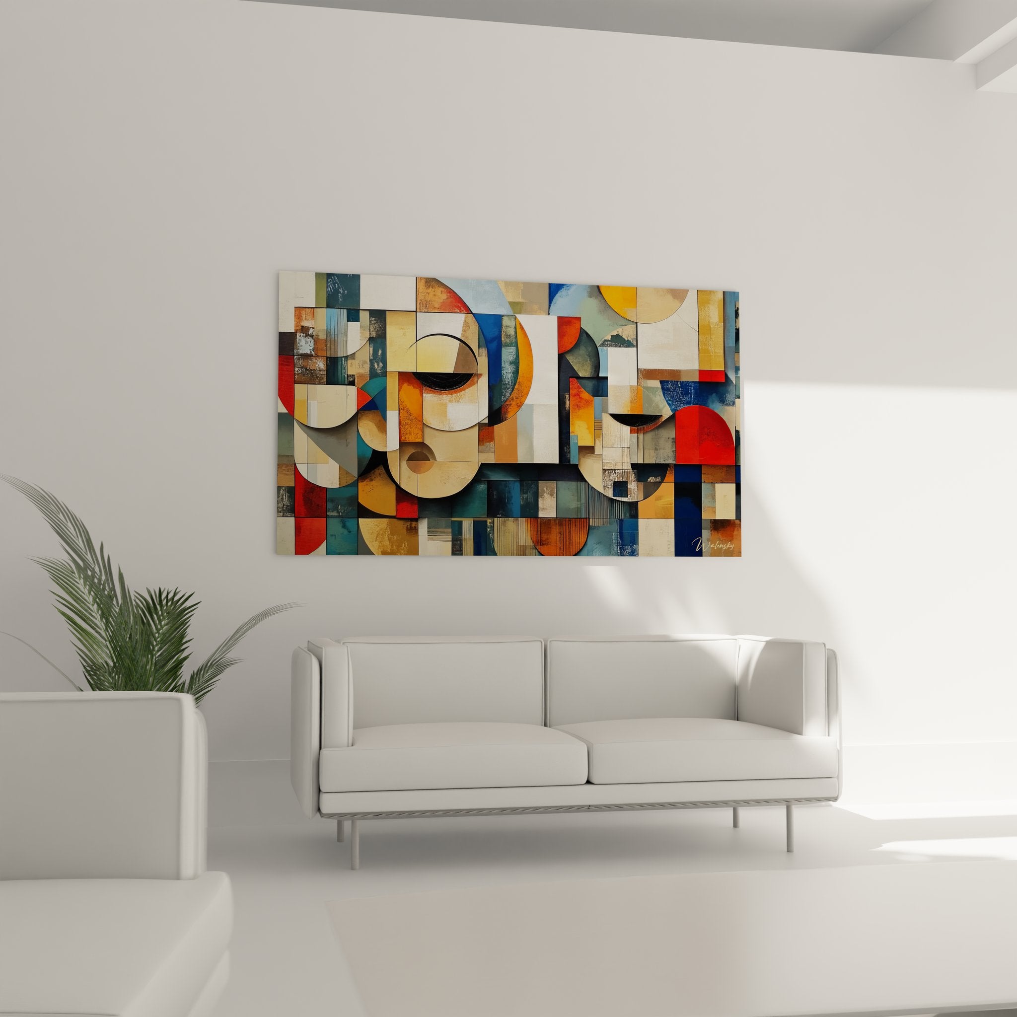 détail tableau abstrait géométrique motifs modulaires couleurs orange bleu textures