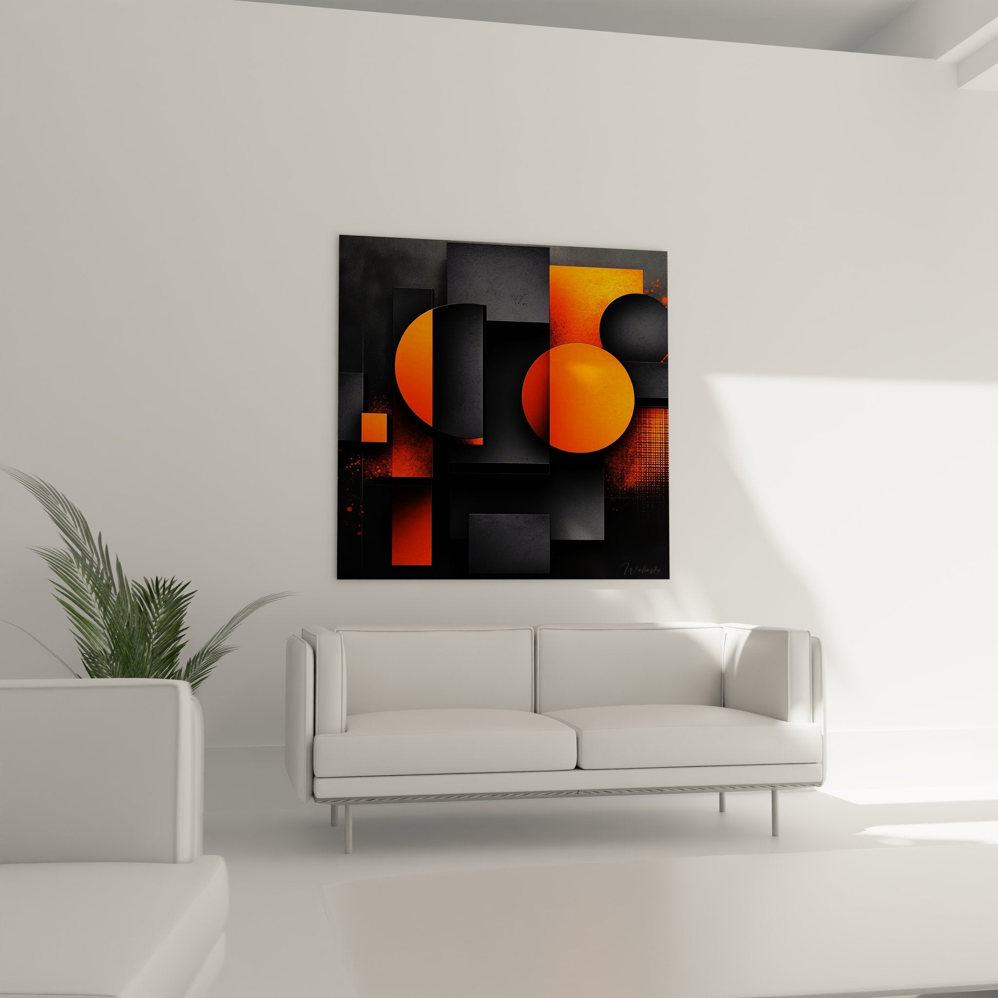 Détail tableau abstrait géométrique montrant textures et formes orange sur fond noir