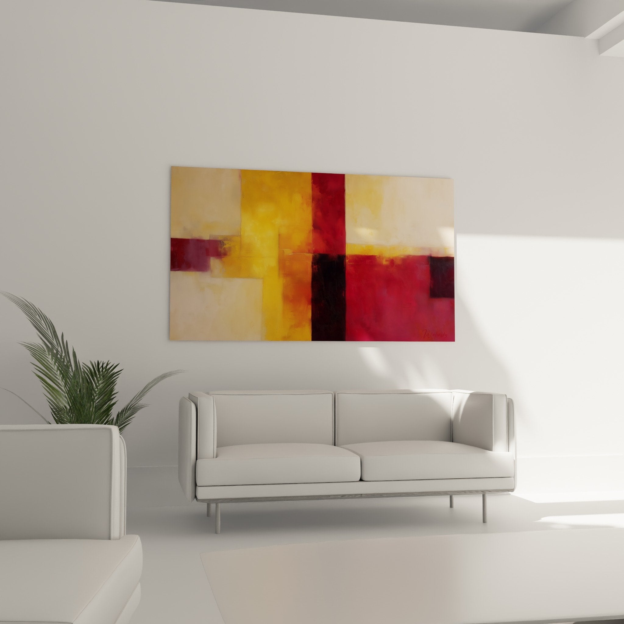 Detail tableau abstrait geometrique rouge orange beige textures superpositions feng shui sud feu closeup