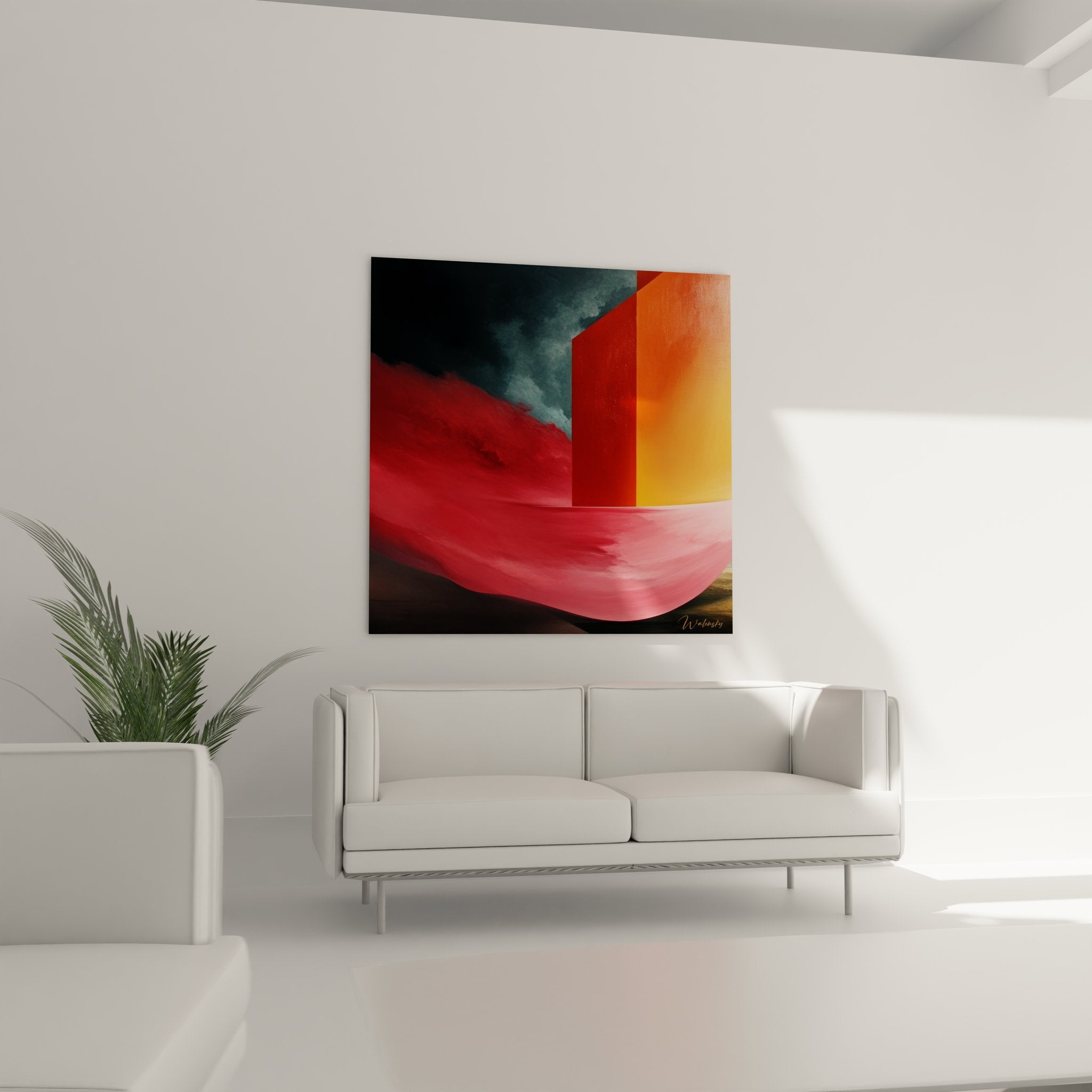 Détail tableau abstrait géométrique - textures et dégradés rouge orange - art mural moderne