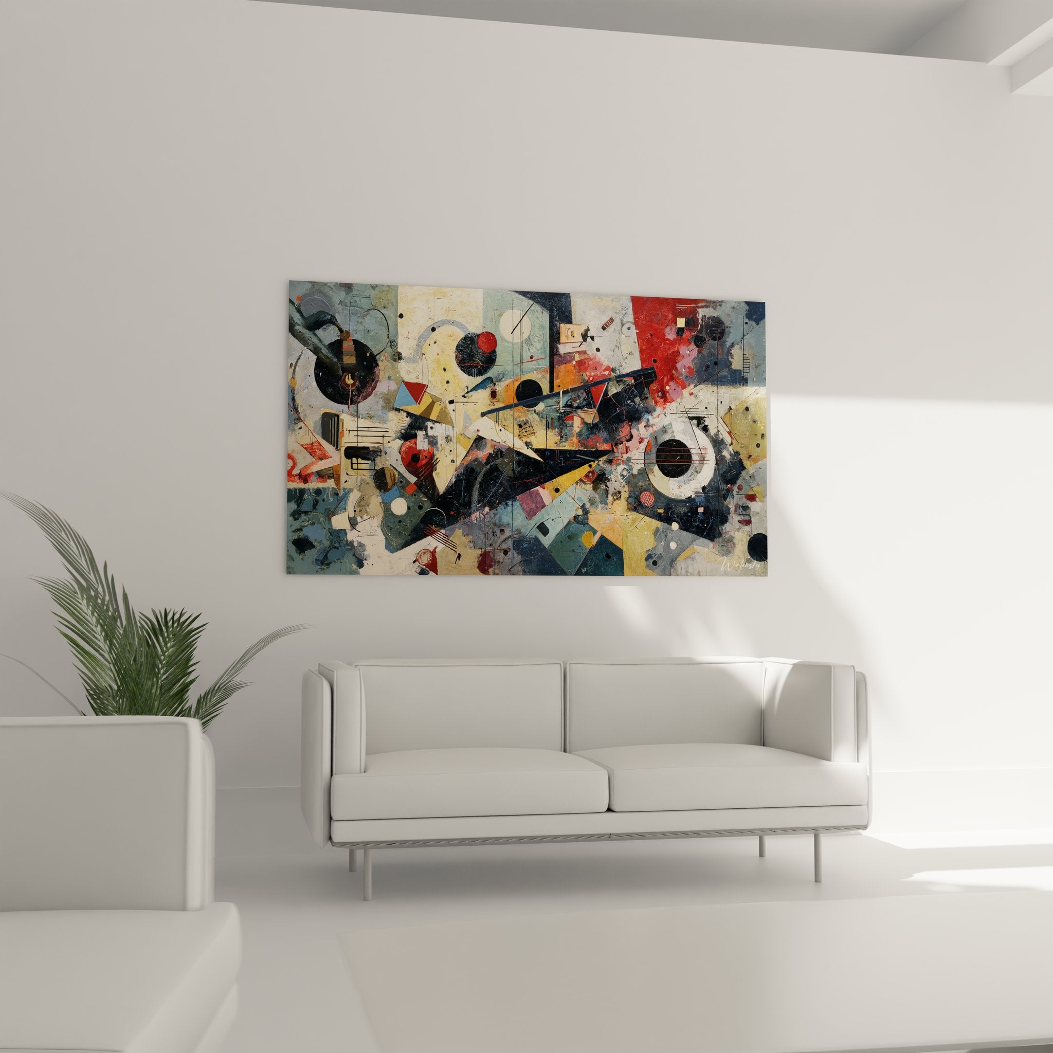 Détail gros plan tableau géométrique abstrait montrant textures et superpositions colorées